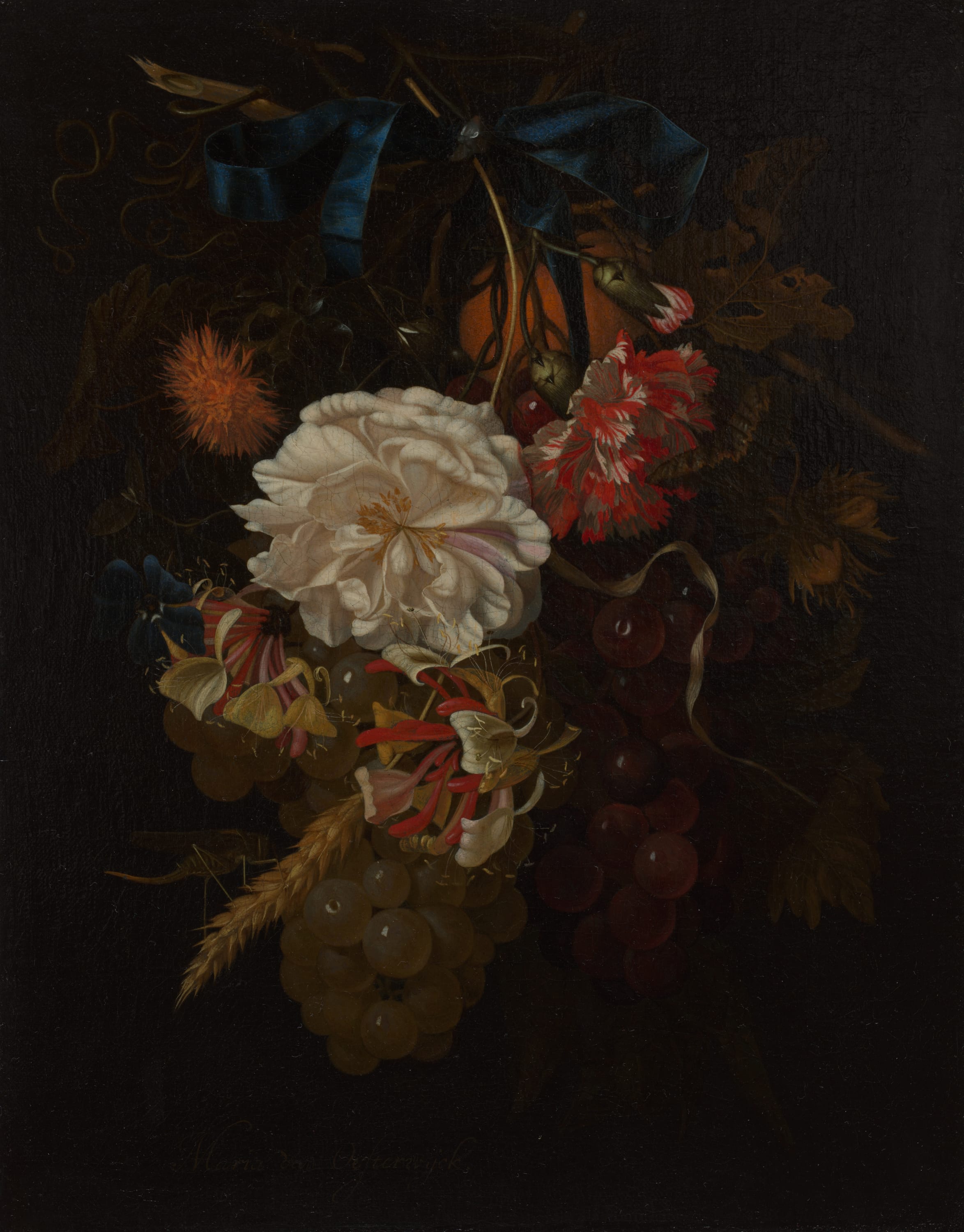 Bouquet of Flowers and Fruit with Blue Ribbon by Maria van Oosterwijck, c. 1680 — fine art print