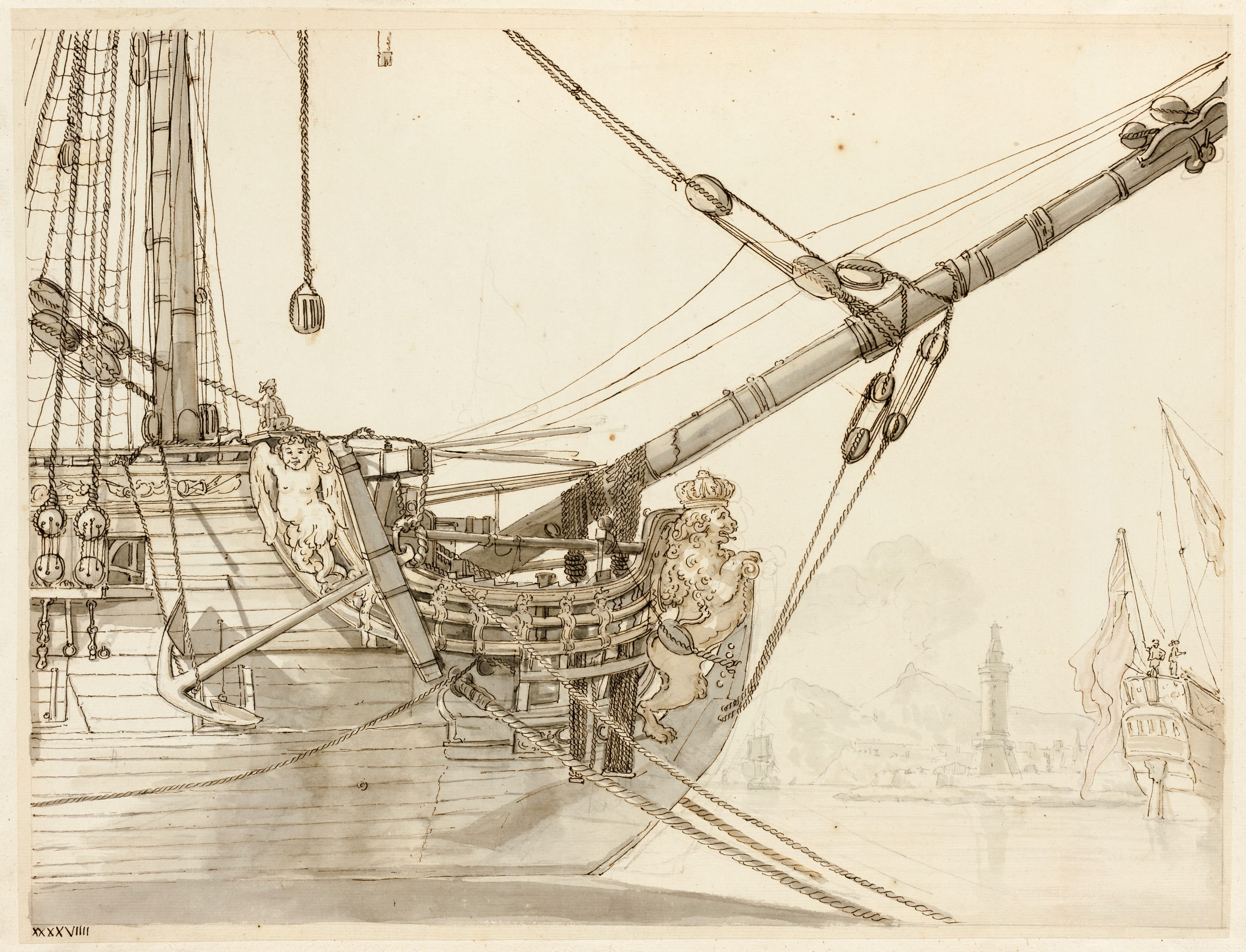 Study of a Warship's Prow with British Warships and Naples Harbor Beyond by Claude Joseph Vernet, c. 1748 — fine art print
