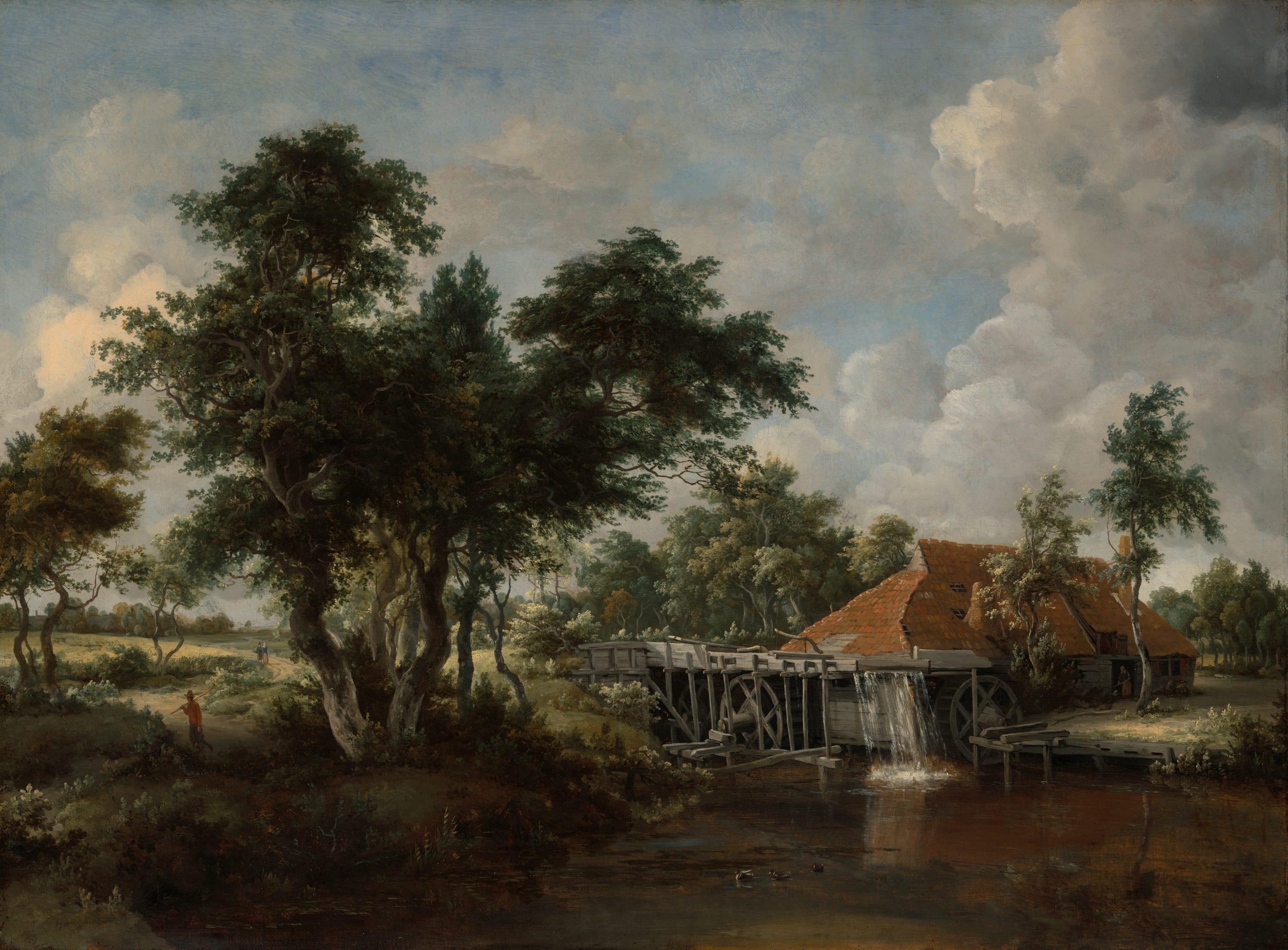 The Watermill with the Great Red Roof by Meindert Hobbema, c. 1665 — fine art print