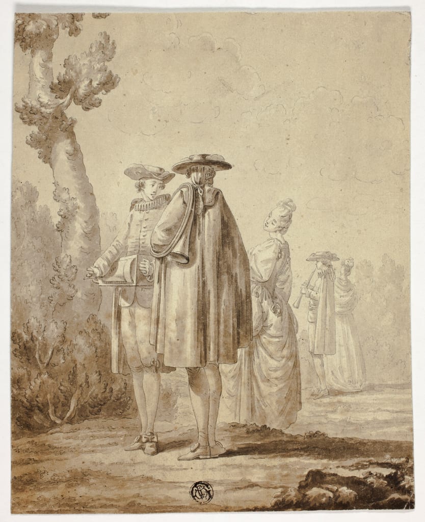 Three Musicians and Two Ladies in Outdoor Setting by Unknown, n.d. — fine art print