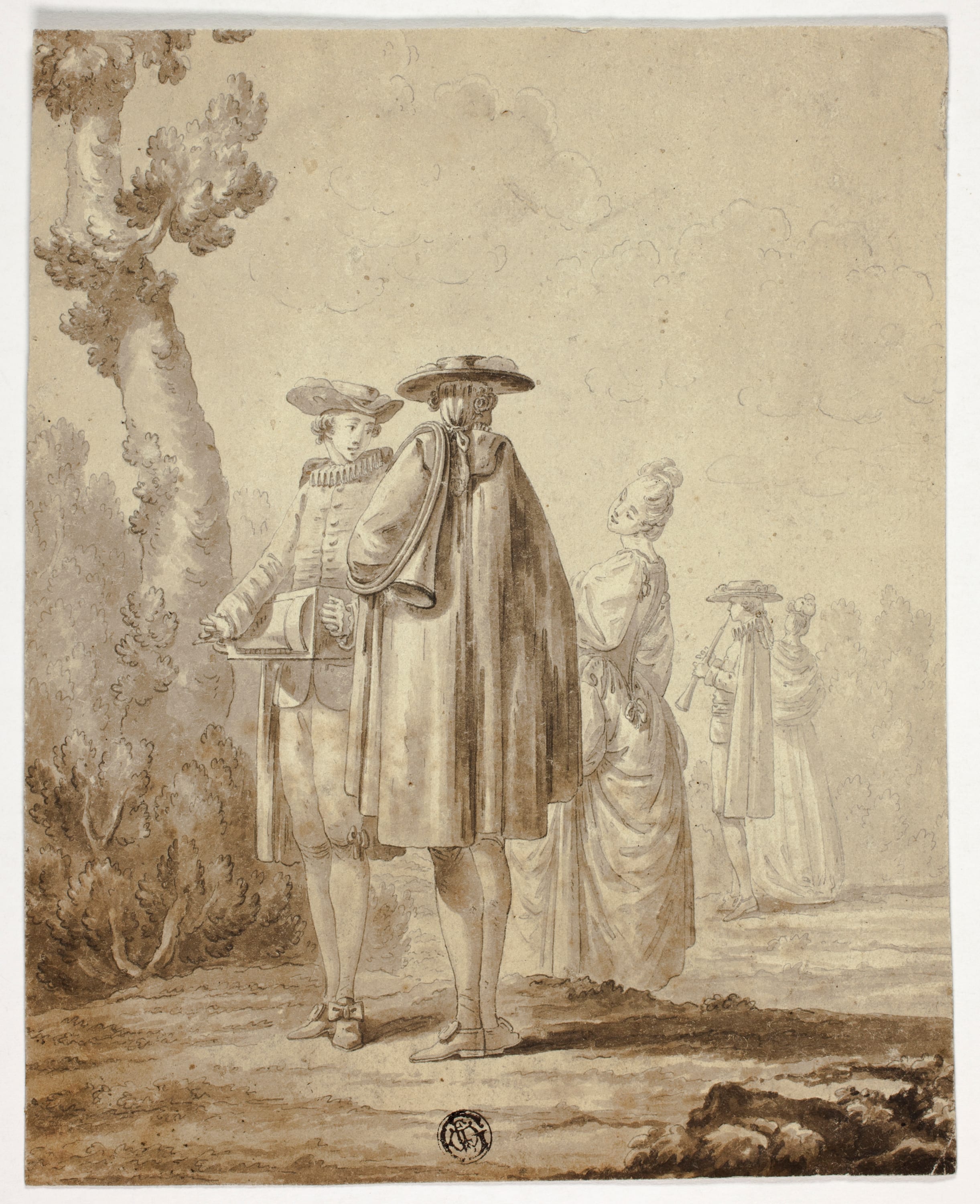 Three Musicians and Two Ladies in Outdoor Setting by Unknown, n.d. — fine art print