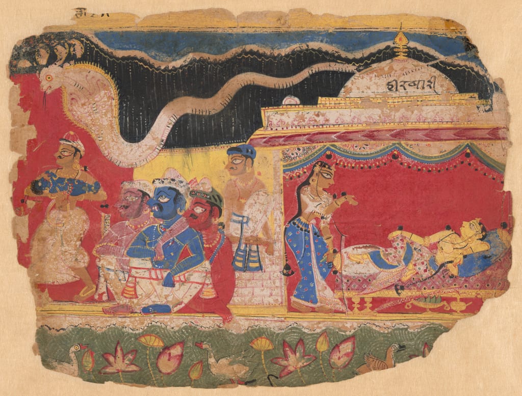 The Infant Krishna Spirited Away by Vasudev, from a copy of the Dispersed Bhagavat Purana by India
Delhi-Agra region, possibly Mathura, c. 1520–1530 — fine art print