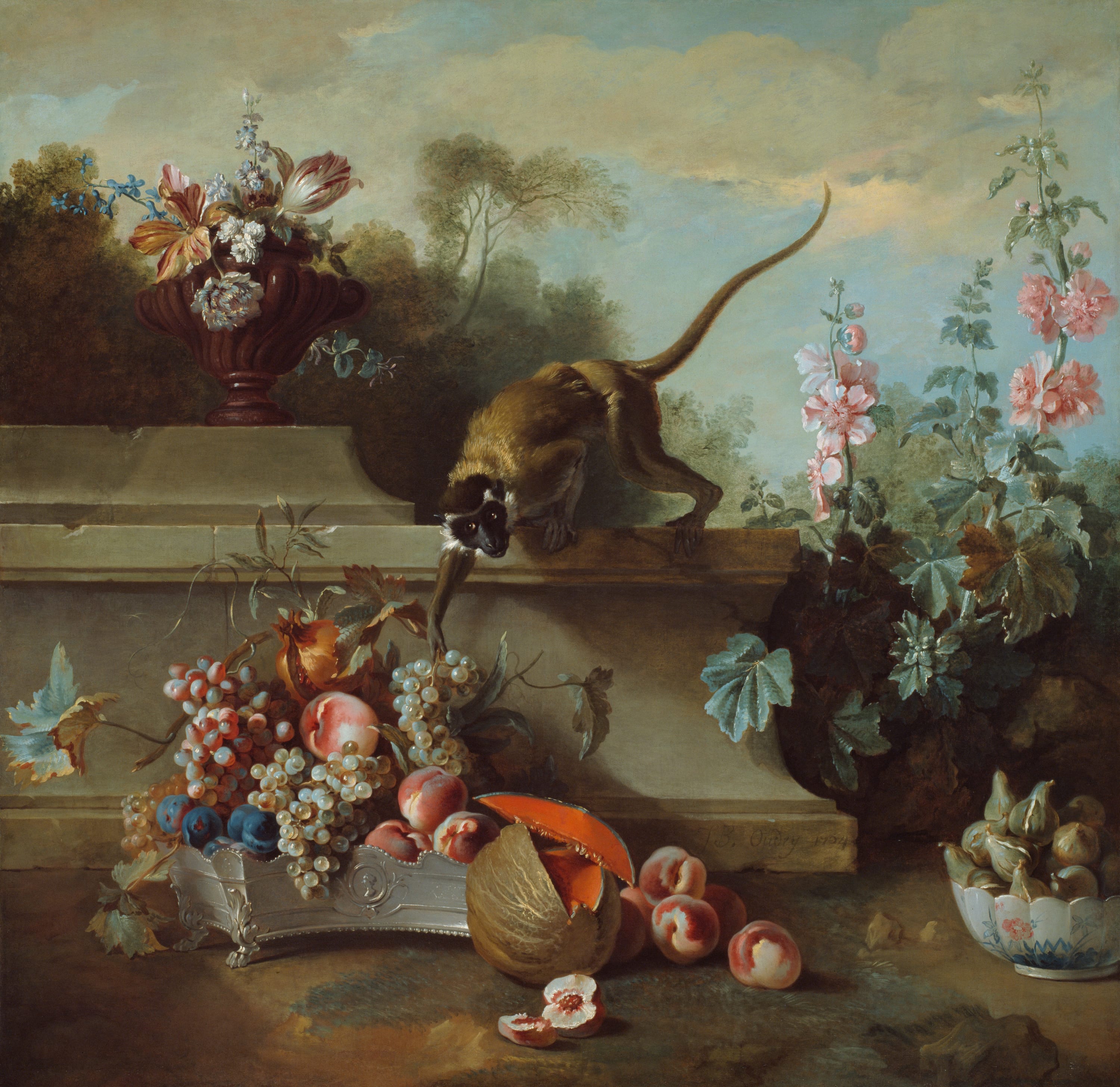 Still Life with Monkey, Fruits, and Flowers by Jean-Baptiste Oudry, 1724 — fine art print
