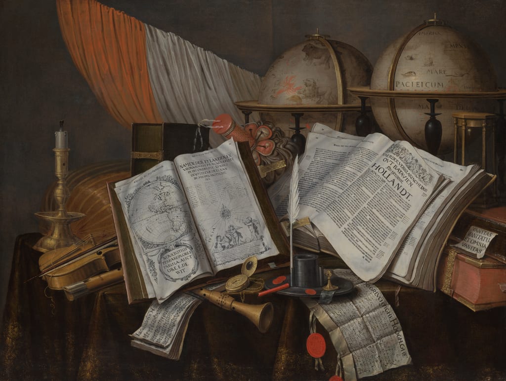 A Vanitas Still Life with a Flag, Candlestick, Musical Instruments, Books, Writing Paraphernalia, Globes, and Hourglass by Edwaert Collier, 1662 — fine art print
