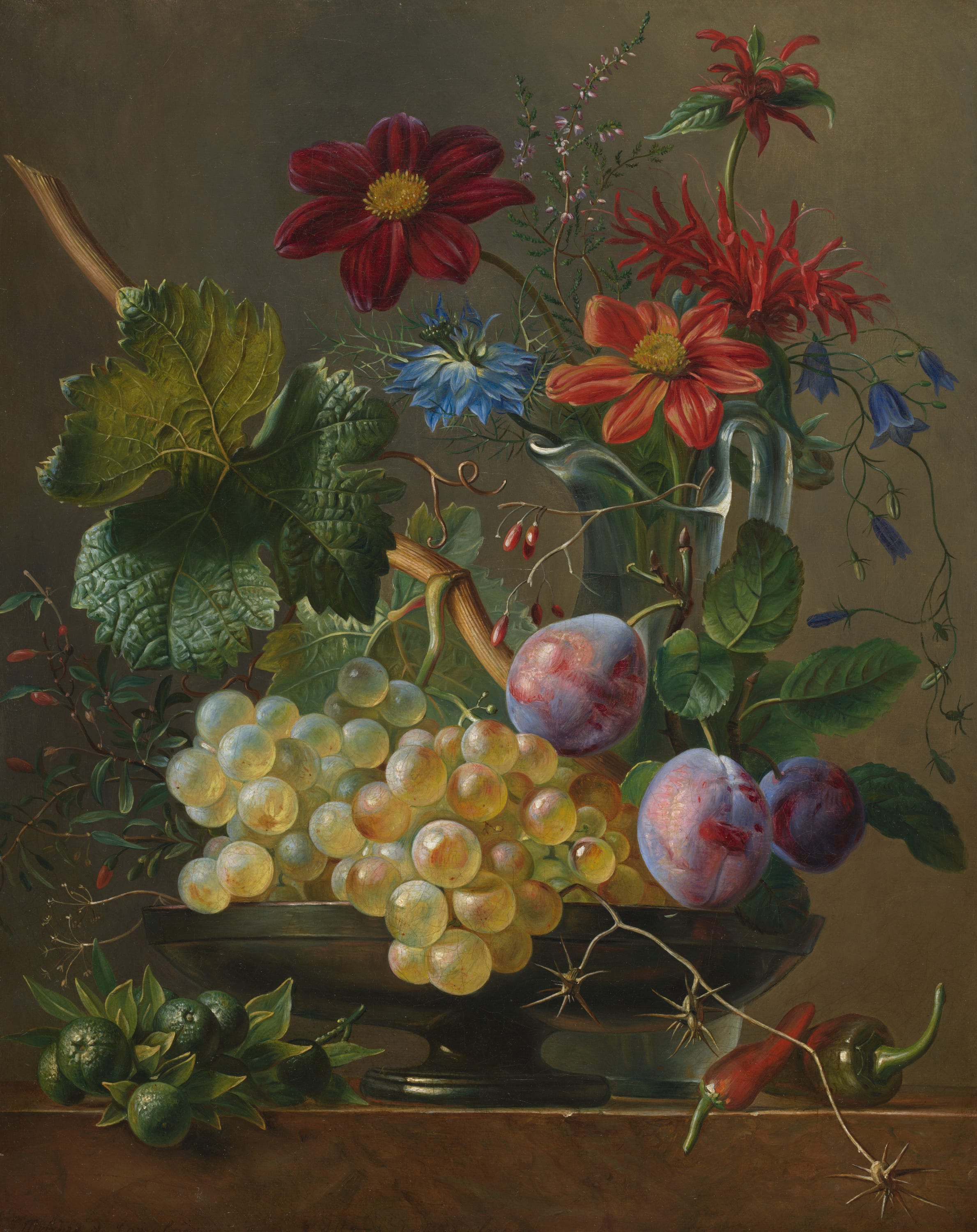 Still Life with Grapes and Flowers by Mélanie de Comoléra, c. 1827 — fine art print