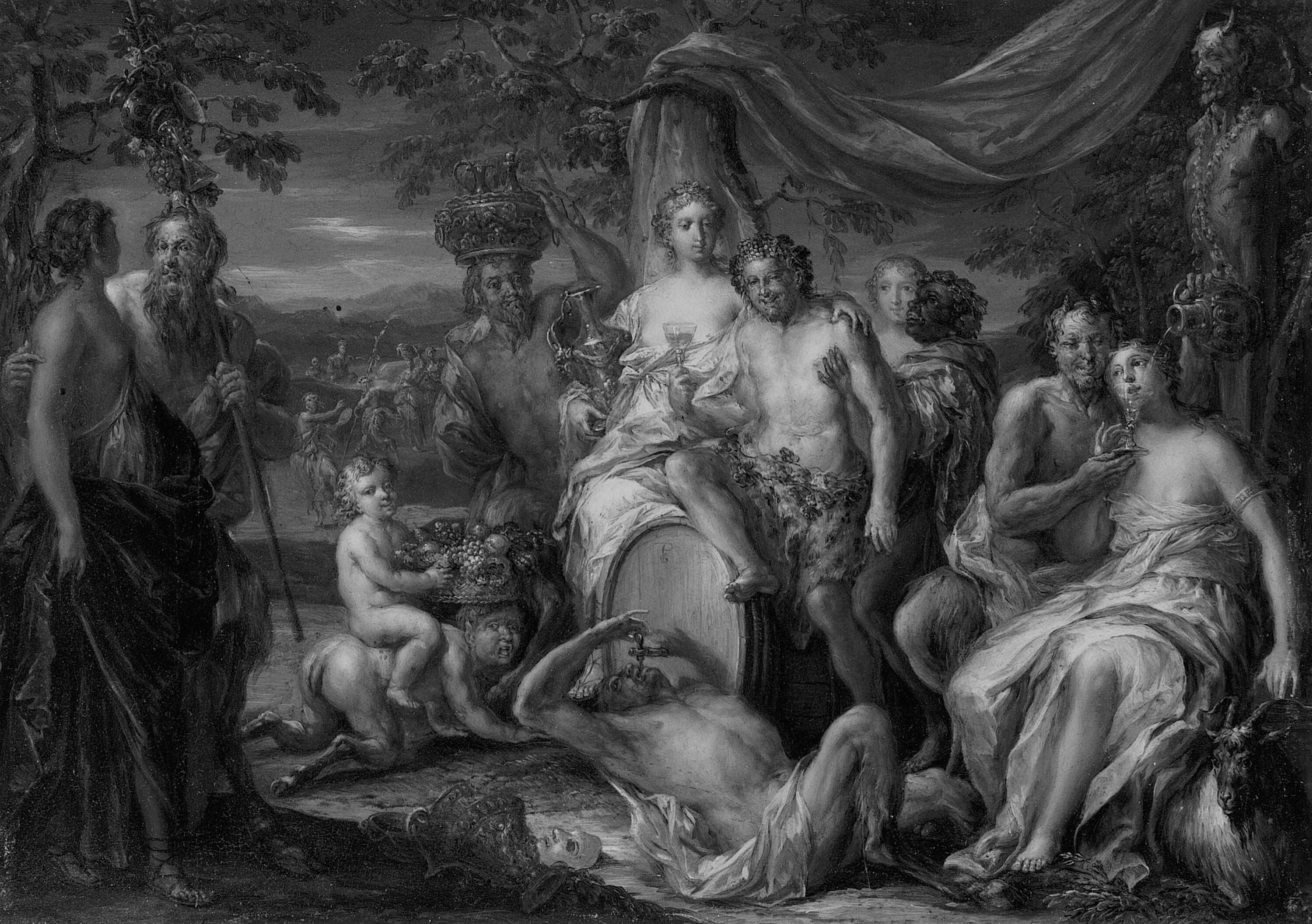 Nymphs and Satyrs Drinking by Johann Georg Platzer, c. 1740 — fine art print