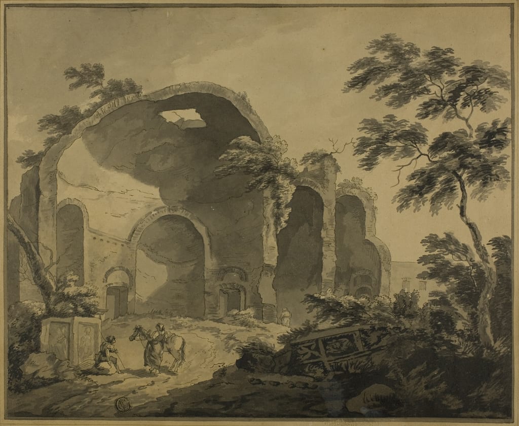 Roman Ruins with Two Peasants Conversing in the Foreground by Charles Louis Clérisseau, n.d. — fine art print