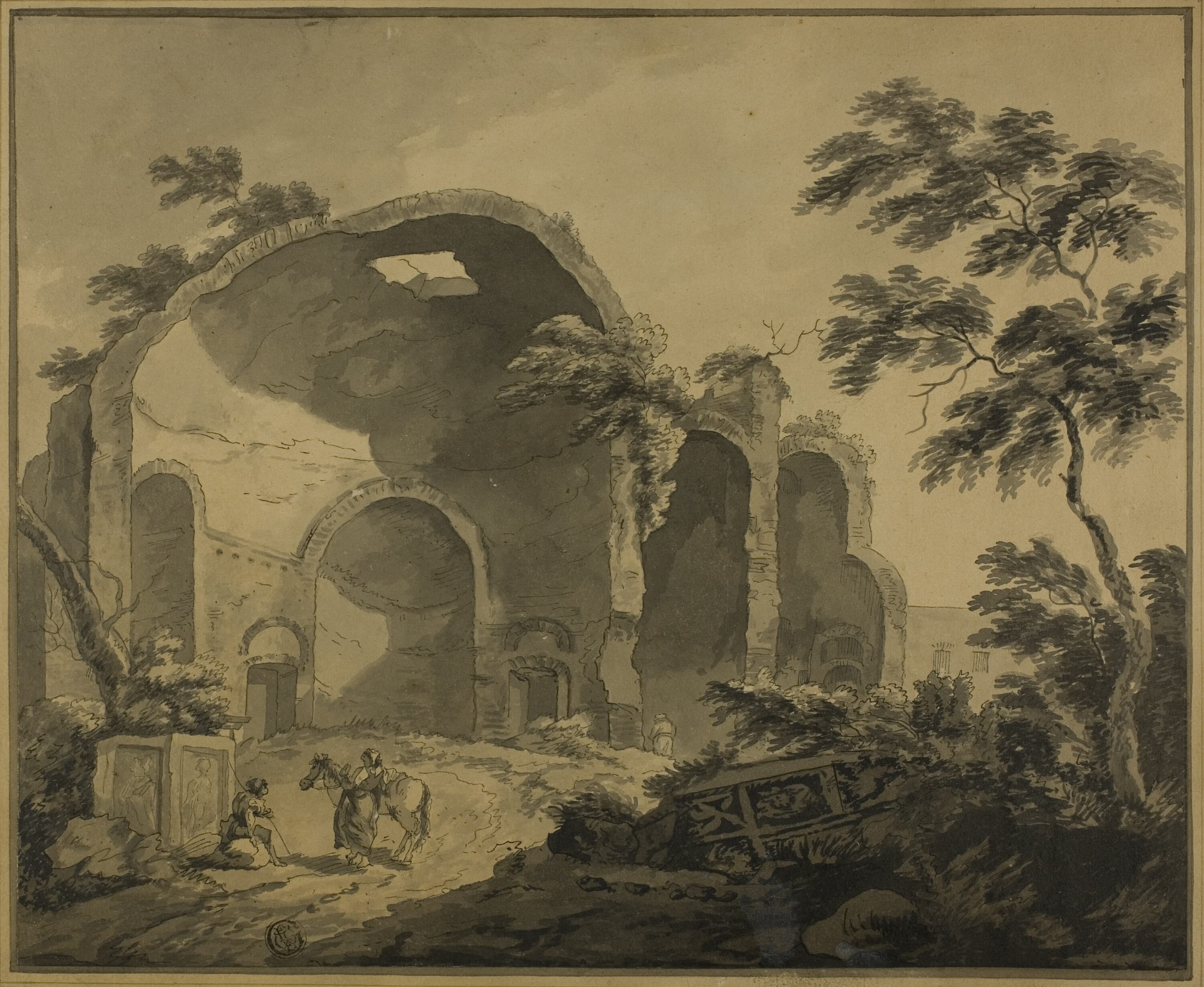 Roman Ruins with Two Peasants Conversing in the Foreground by Charles Louis Clérisseau, n.d. — fine art print