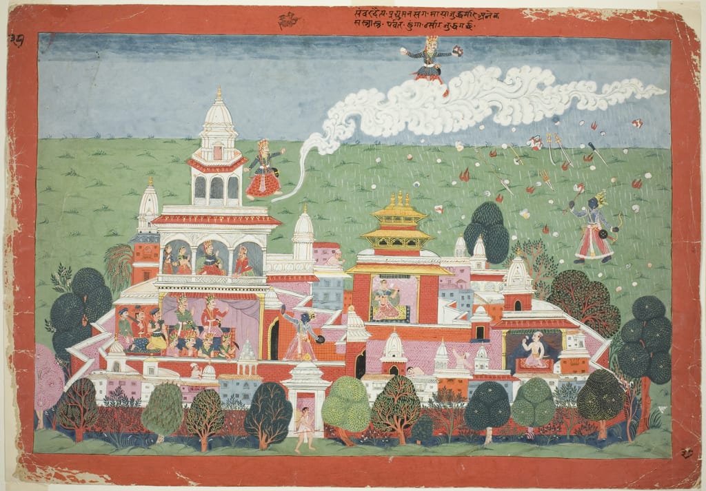 Pradyumna Enters the Palace of the Demon Sambar and Challenges him to Battle, page from a Dispersed Bhagavata Purana manuscript by Nepal, c. 1775 — fine art print