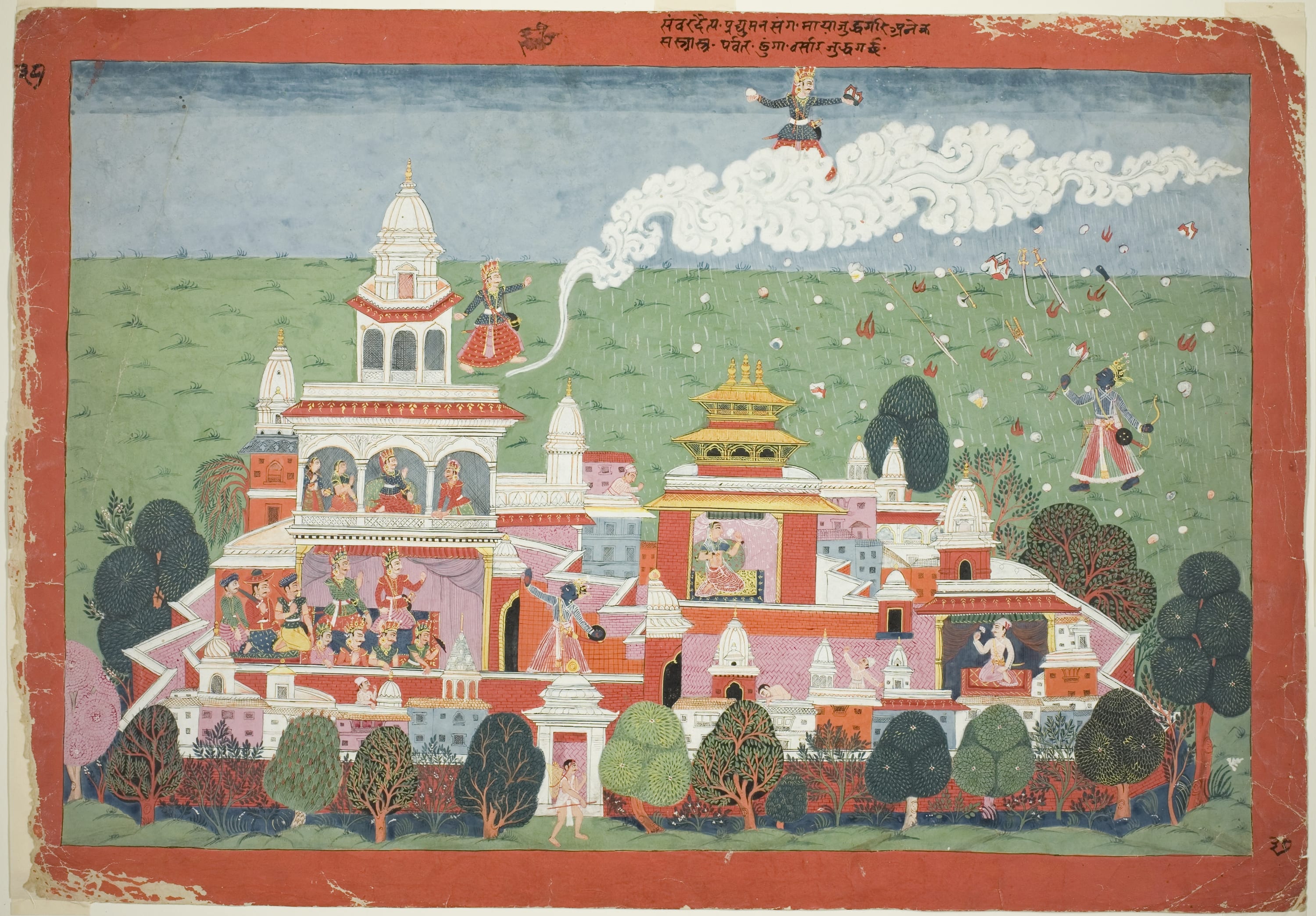 Pradyumna Enters the Palace of the Demon Sambar and Challenges him to Battle, page from a Dispersed Bhagavata Purana manuscript by Nepal, c. 1775 — fine art print