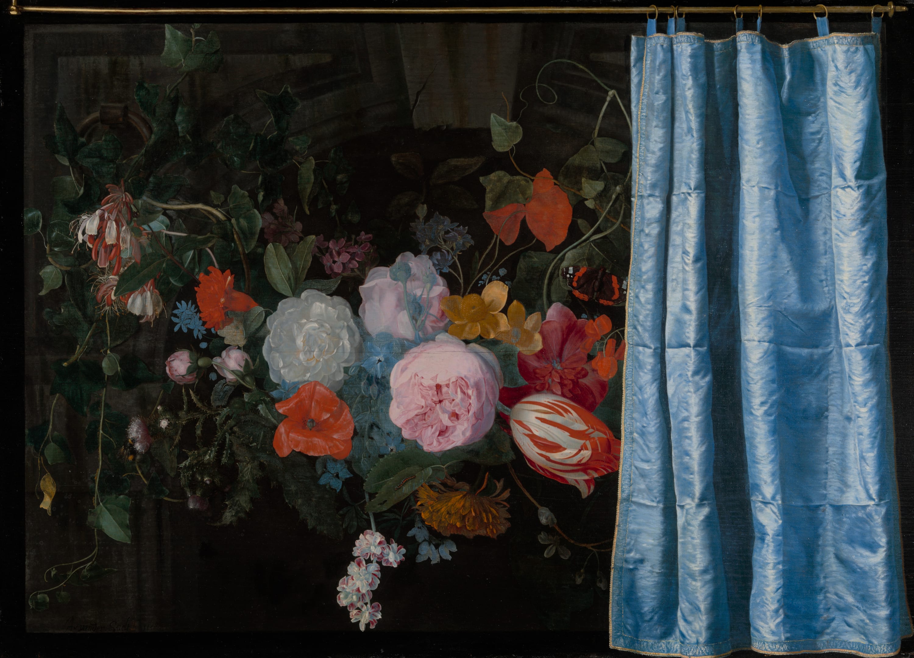 Trompe-l'Oeil Still Life with a Flower Garland and a Curtain by Adriaen van der Spelt, 1658 — fine art print