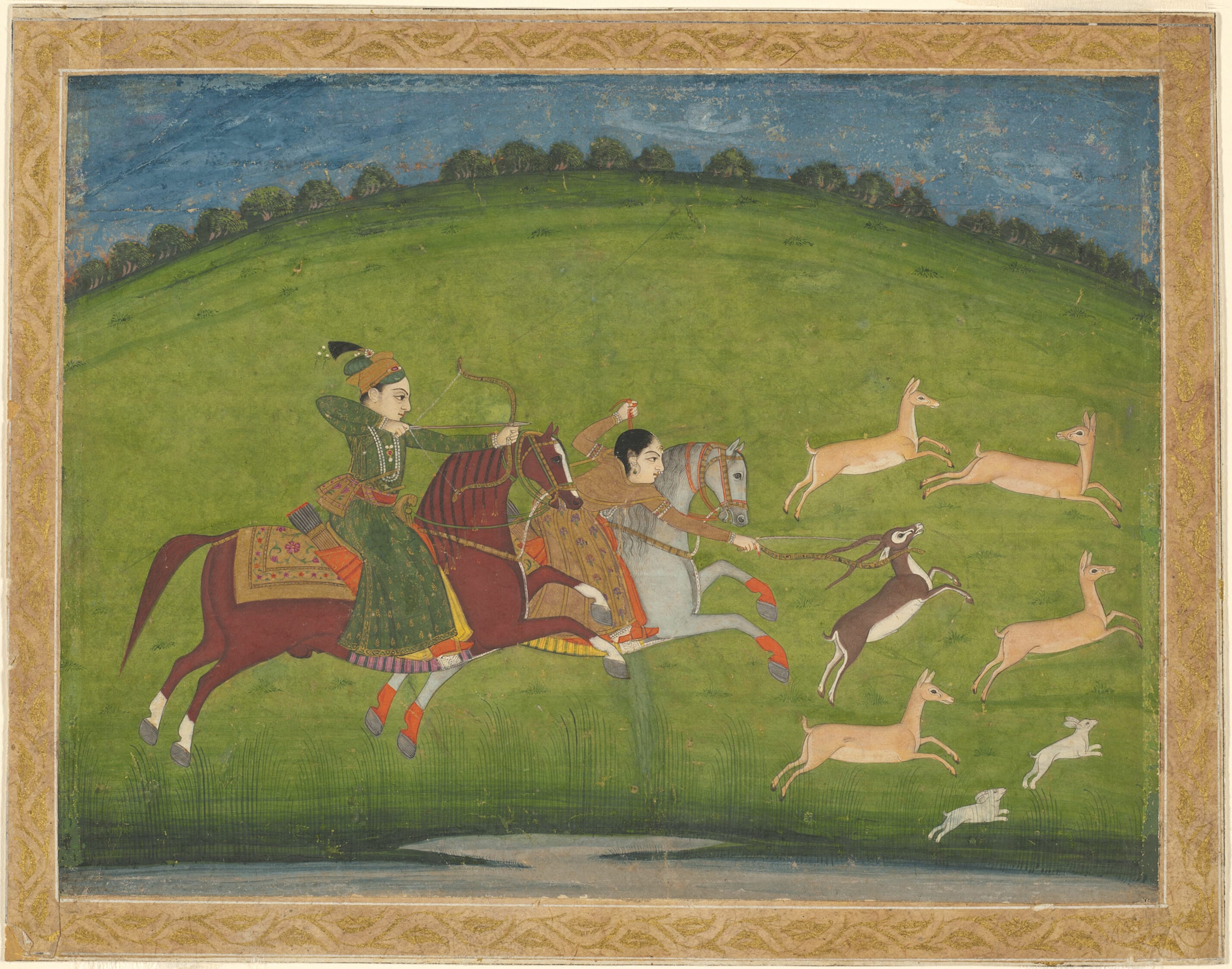 Prince and Princess Hunting Blackbuck by India
West Bengal, Murshidabad or Avadh/Uttar Pradesh, Lucknow, Mid–18th century — fine art print