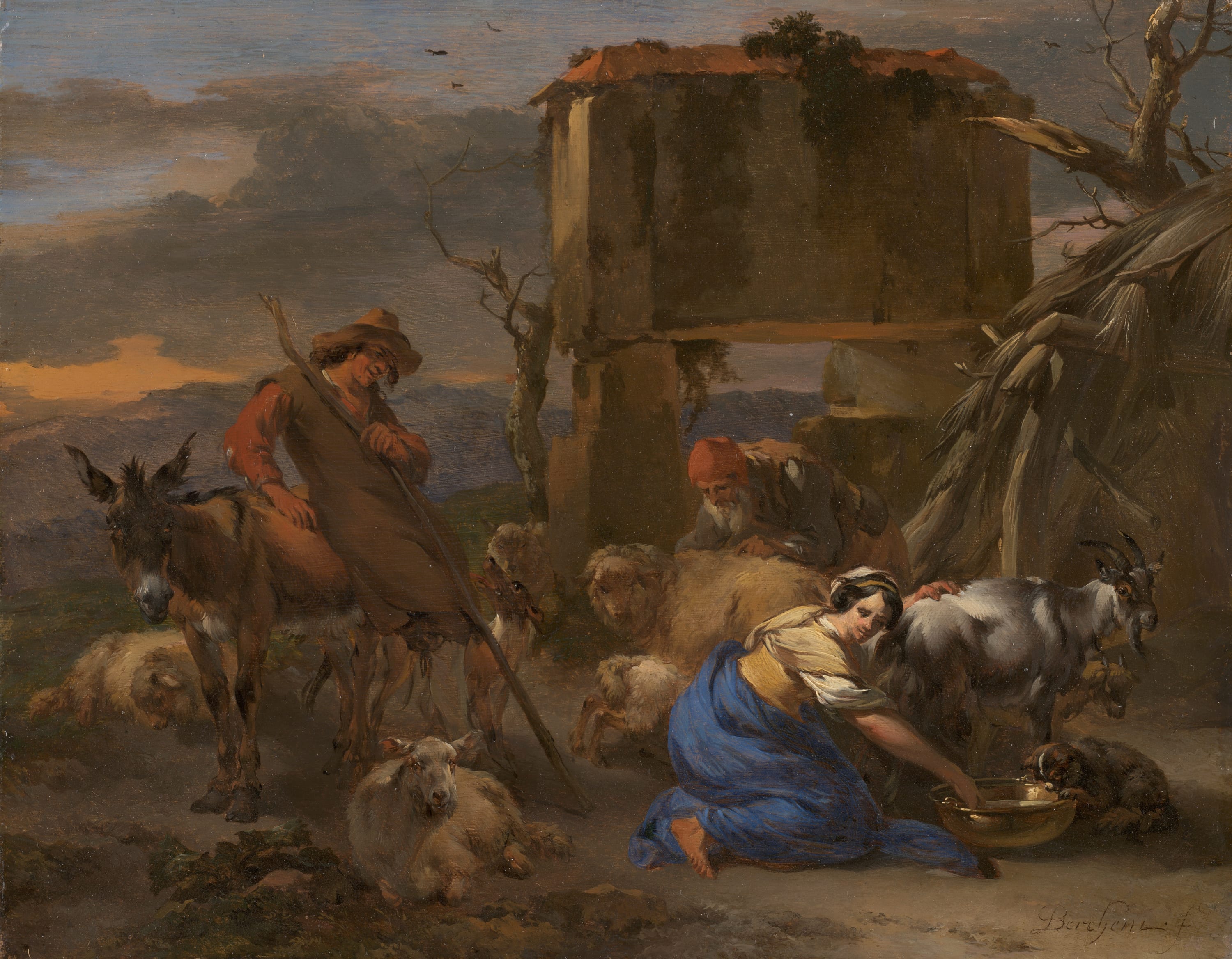 Pastoral Scene with a Shepherdess Milking a Goat by Nicolaes Berchem, c. 1665–c. 1670 — fine art print