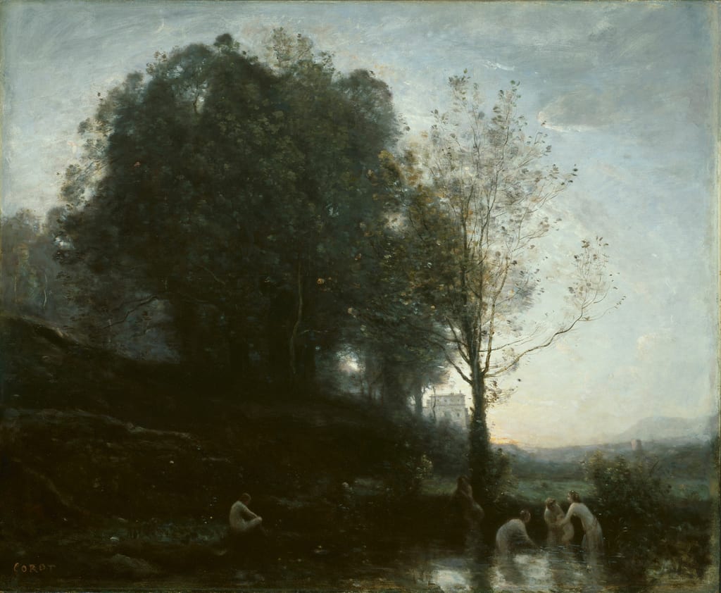 Bathing Nymphs and Child by Jean Baptiste Camille Corot, 1855–60 — fine art print