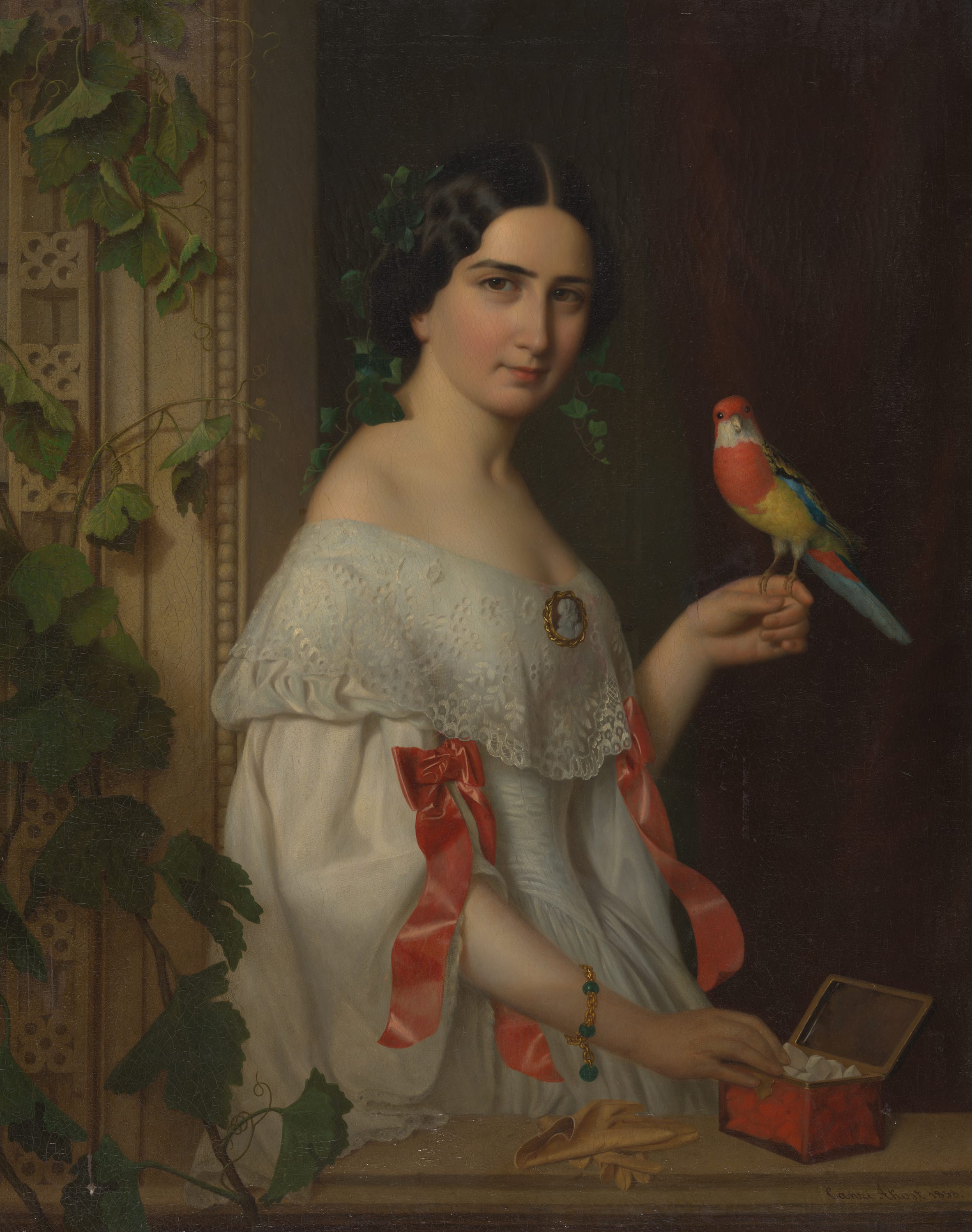 Untitled (Lady with a Parakeet) by August (Ágost) Canzi, 1856 — fine art print