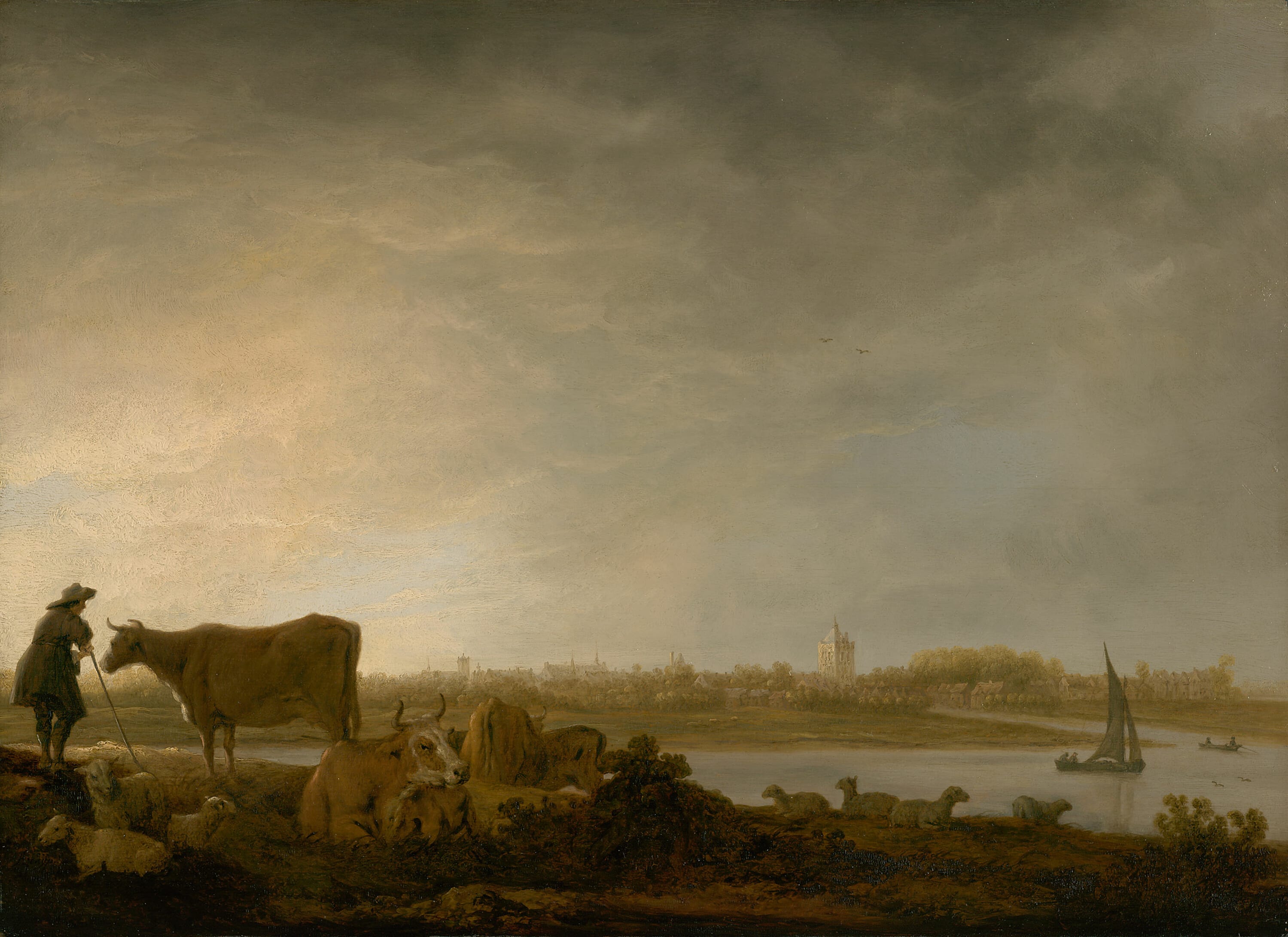 A View of Vianen with a Herdsman and Cattle by a River by Aelbert Cuyp, c. 1643–c. 1645 — fine art print