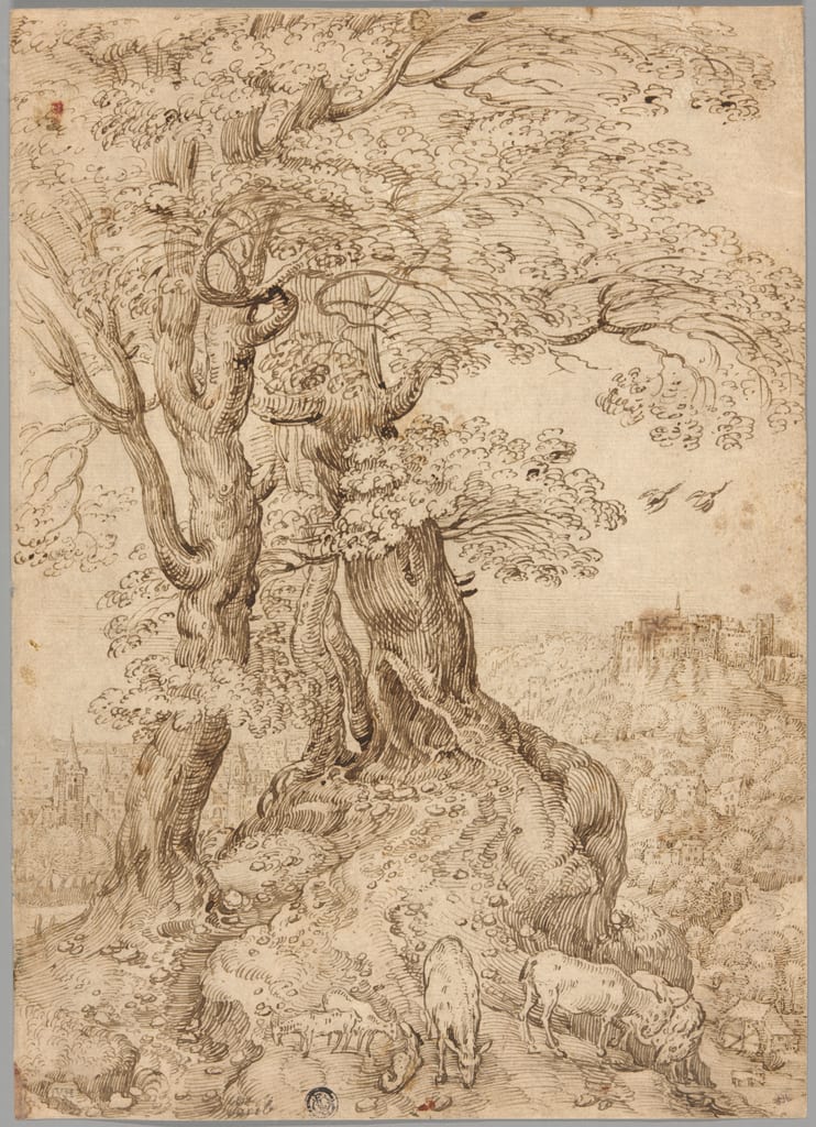 Wooded Landscape with Donkeys and Goats, and Castle on Hill in Distance by Paul Bril, n.d. — fine art print