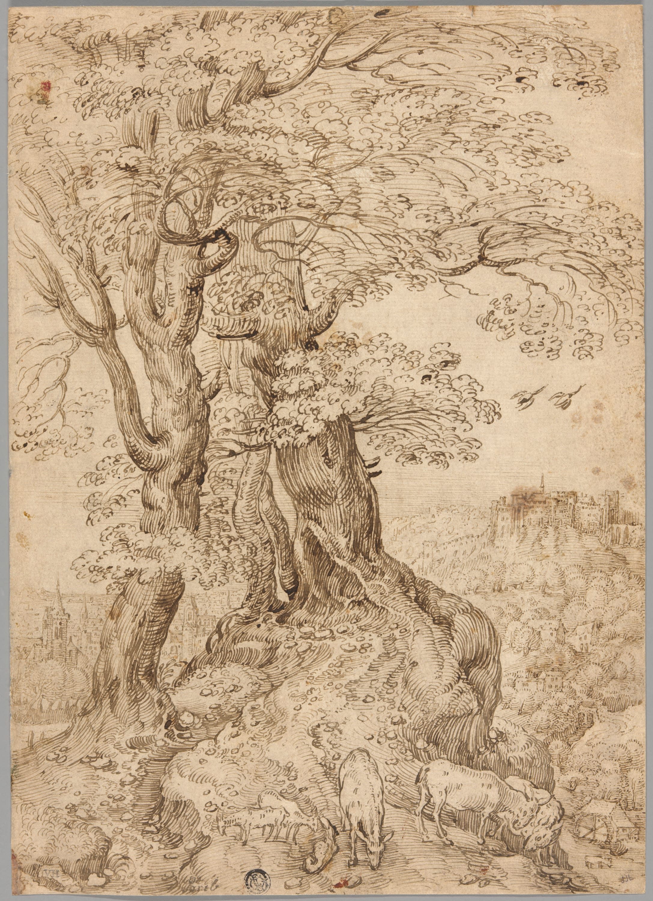 Wooded Landscape with Donkeys and Goats, and Castle on Hill in Distance by Paul Bril, n.d. — fine art print