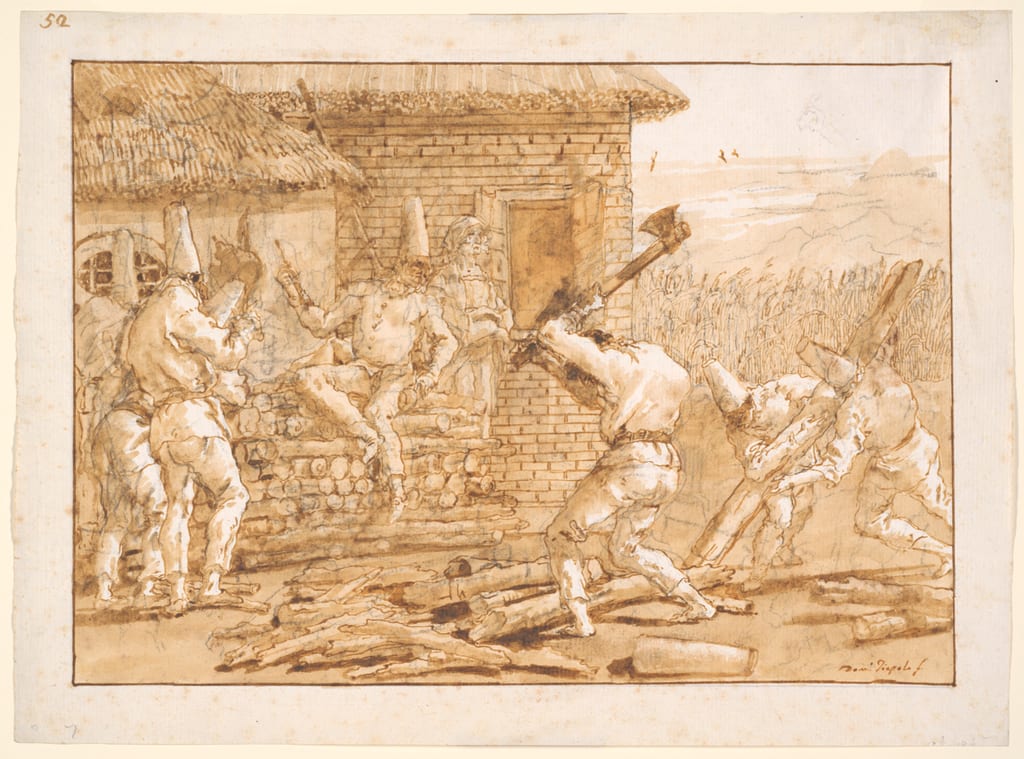 Punchinello Chopping Logs, from the series Divertimento per li regazzi (Entertainment for Children) by Giovanni Domenico Tiepolo, 1790/1804 — fine art print
