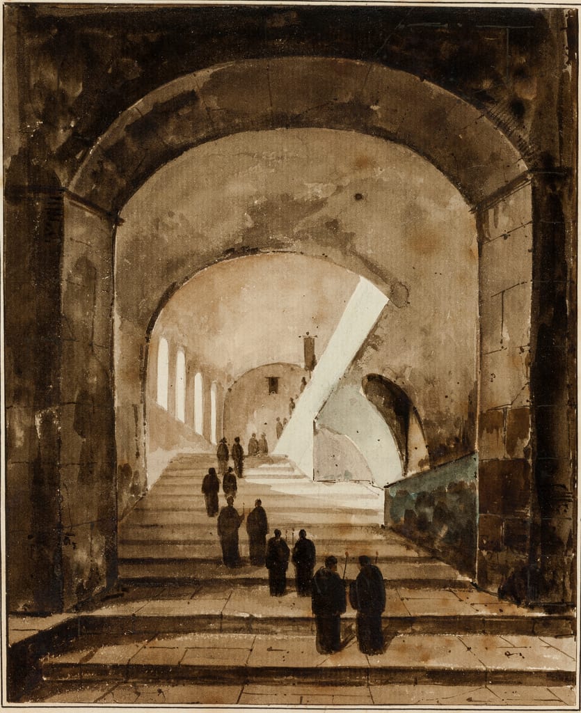 Monks on the Staircase of the Villa of Maecenas at Tivoli by François Marius Granet, c. 1826 — fine art print