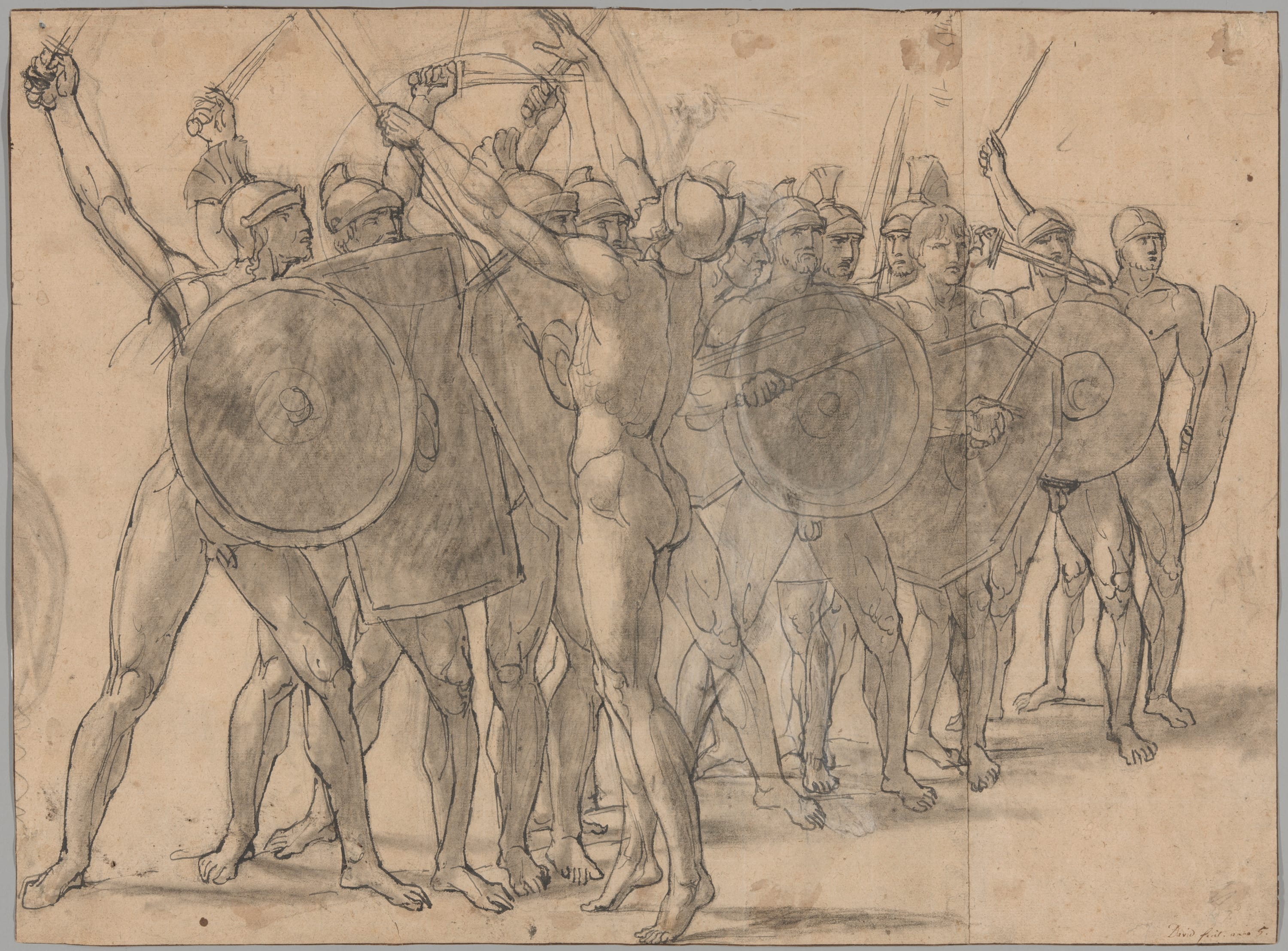 Nude Soldiers Gesticulating with Their Weapons (recto); Two Drapery Studies for the Figure of Tatius (verso) by Jacques Louis David, 1796/97 — fine art print