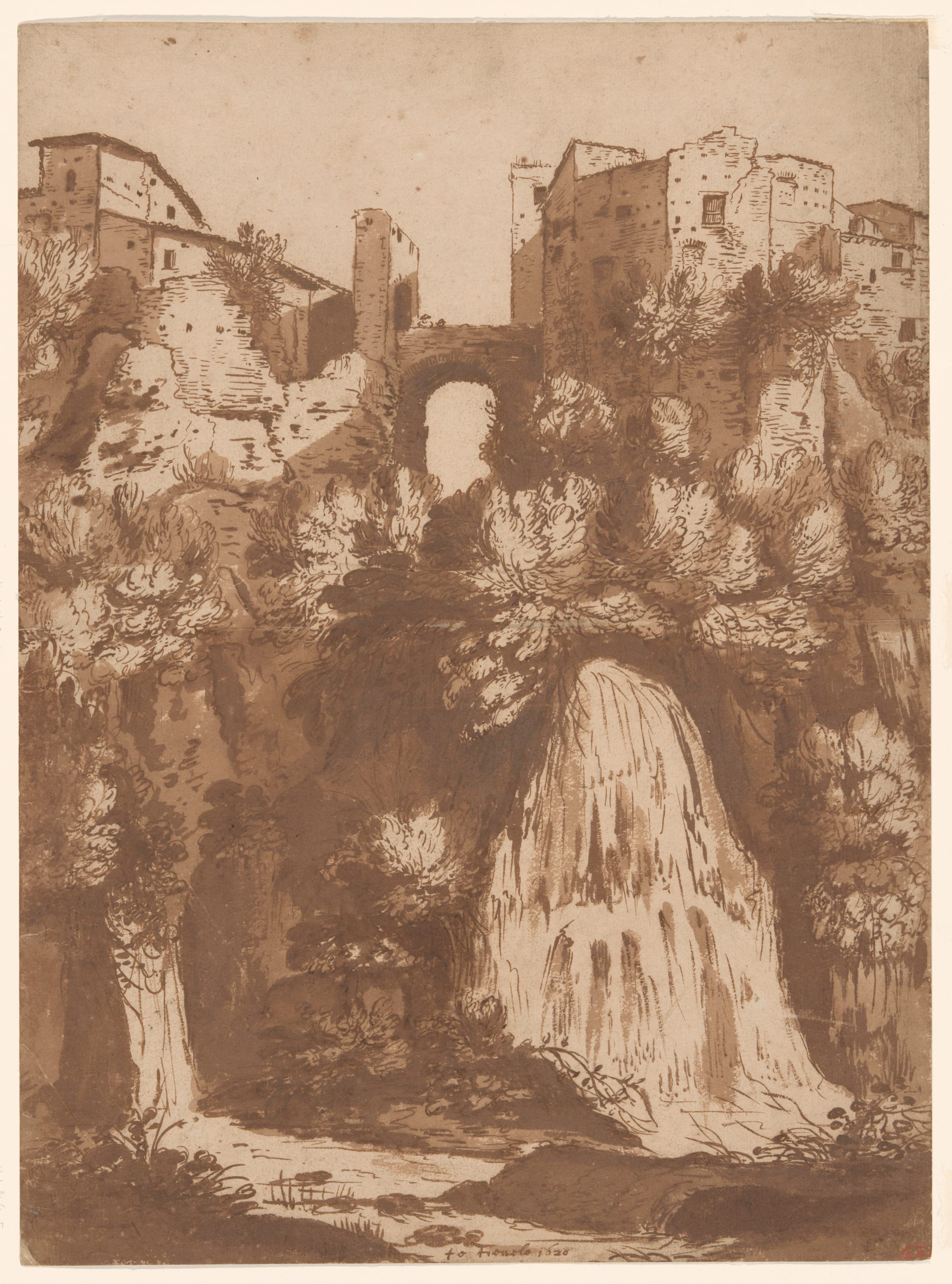 View of Tivoli with the Bridge Over the Anio Waterfall by Cornelis van Poelenburgh, 1620 — fine art print