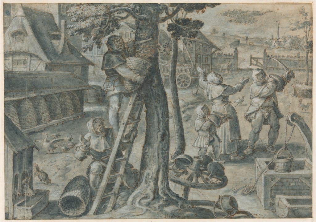 The Capture of a Swarm of Bees in a Farmyard by Jan van der Straet, 1578/1605 — fine art print