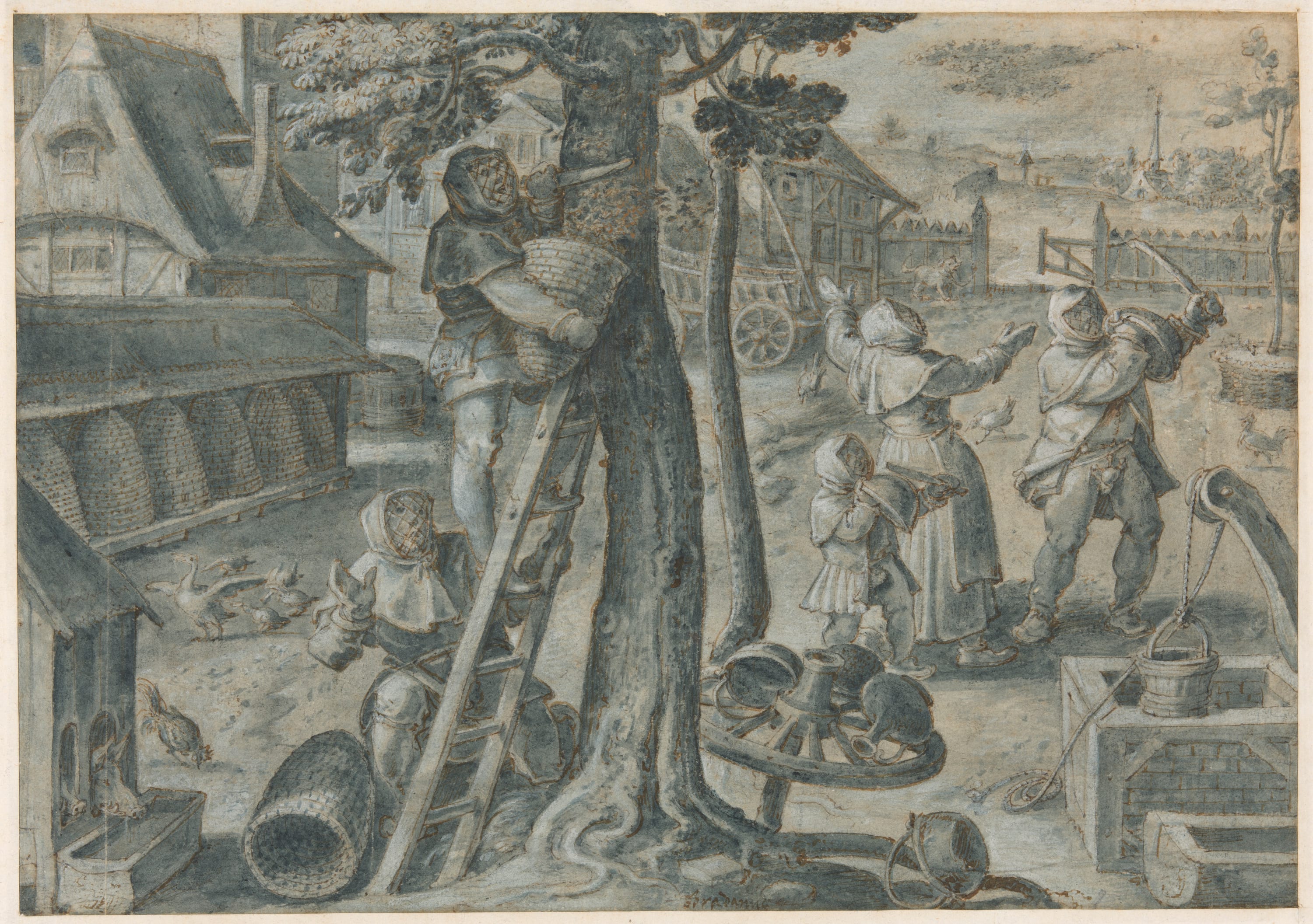 The Capture of a Swarm of Bees in a Farmyard by Jan van der Straet, 1578/1605 — fine art print