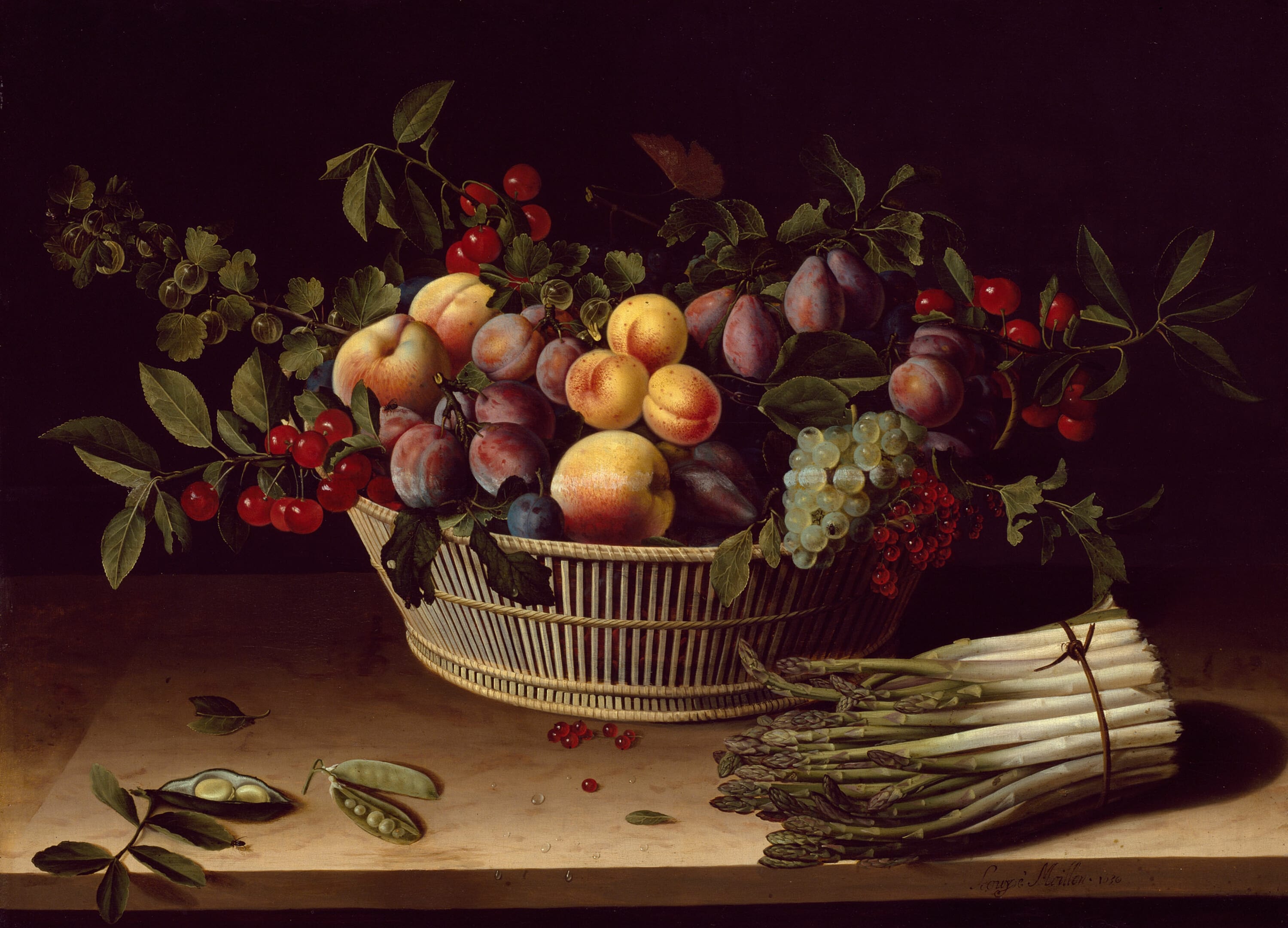 Still Life with a Basket of Fruit and a Bunch of Asparagus by Louise Moillon, 1630 — fine art print