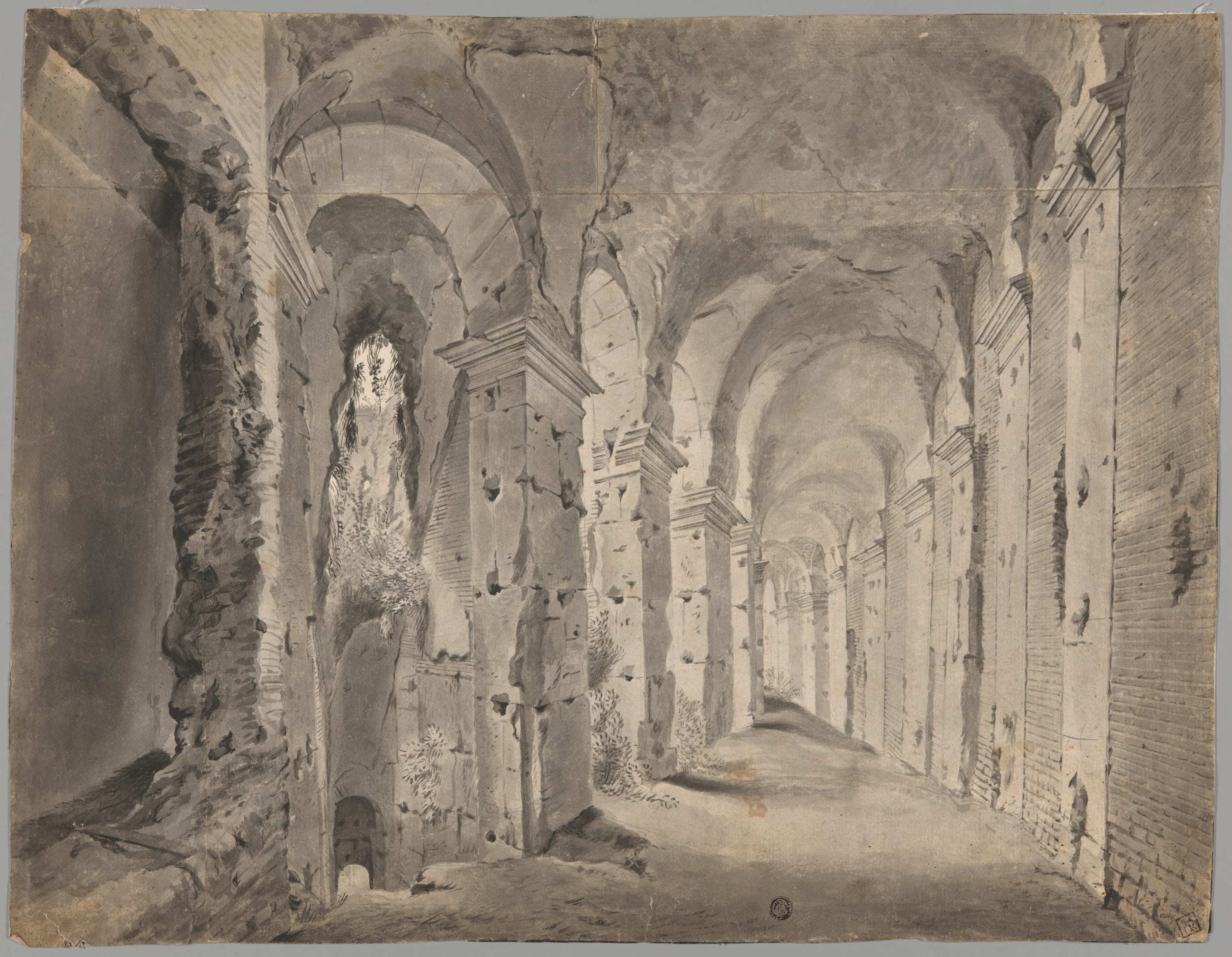 Large Ruined Portico or Corridor (recto); Sketches of a Draped Figure and Architecture (verso) by School of Paul Bril, c. 1600 — fine art print