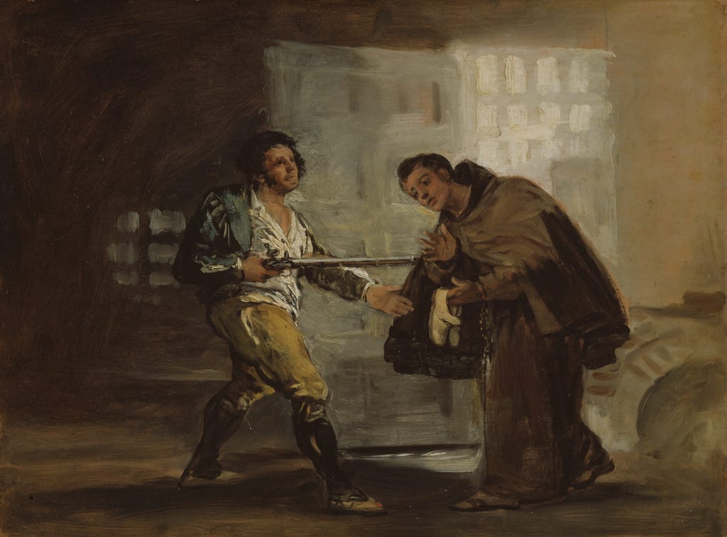 Friar Pedro Offers Shoes to El Maragato and Prepares to Push Aside His Gun by Francisco José de Goya y Lucientes, c. 1806 — fine art print