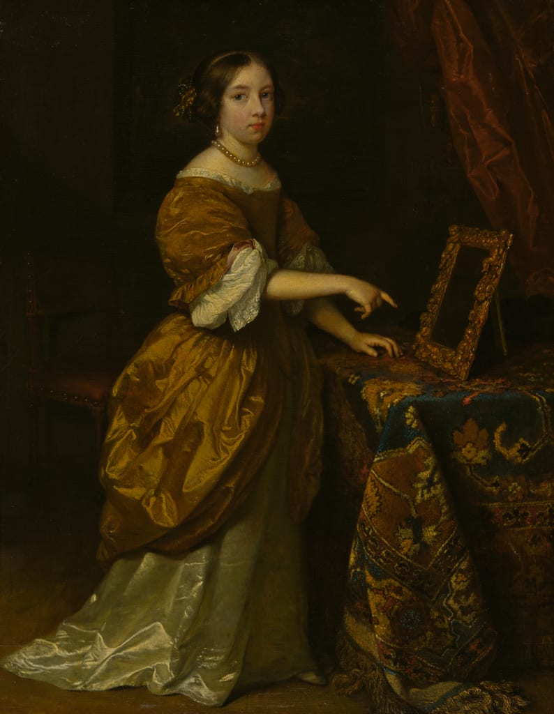 Girl Standing before a Mirror by Caspar Netscher, 1668 — fine art print