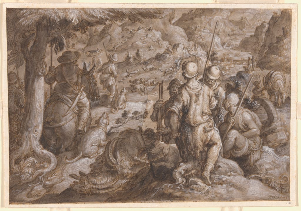 Men Hunting Ibexes with Hounds by Jan van der Straet, 1578 — fine art print