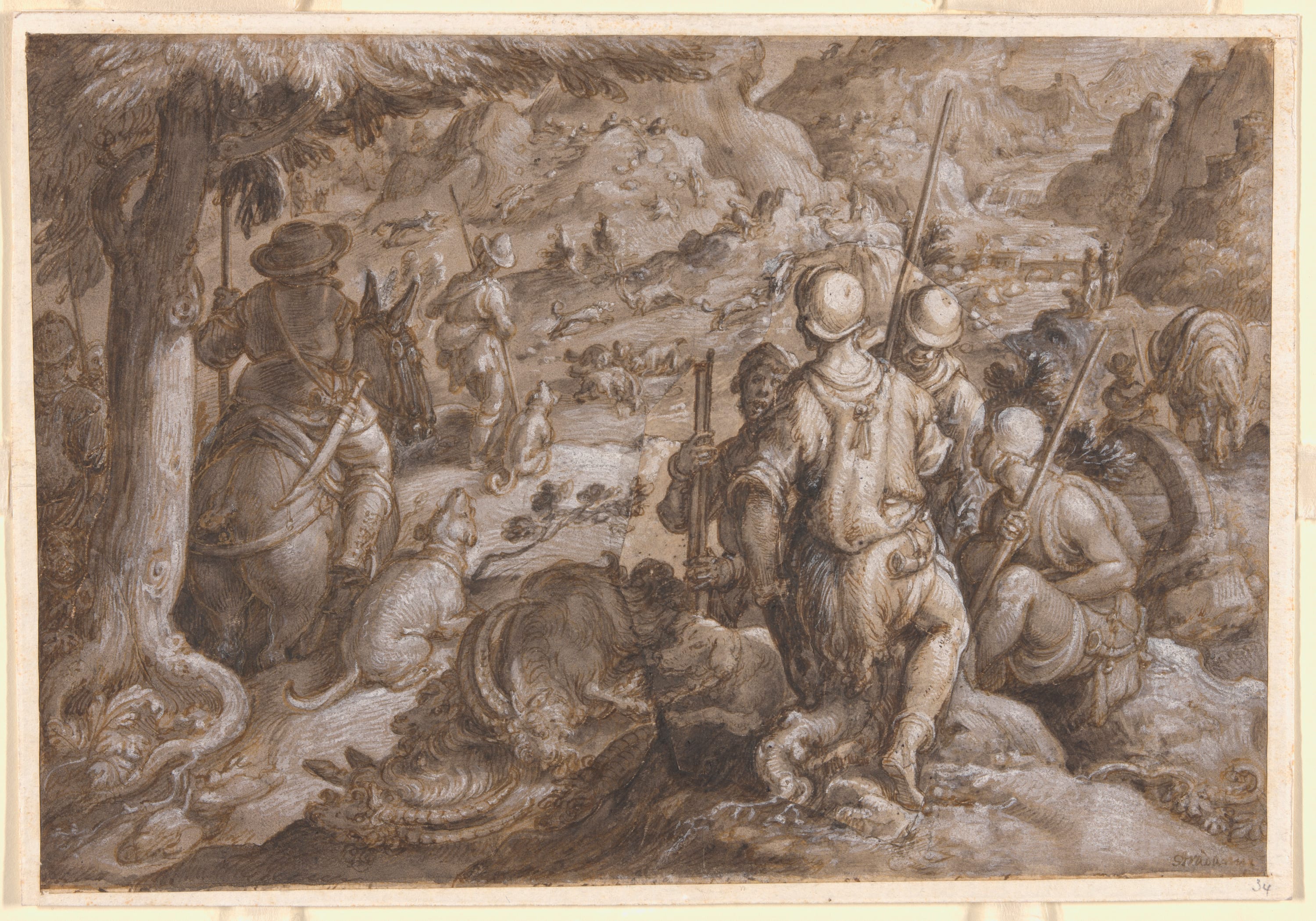 Men Hunting Ibexes with Hounds by Jan van der Straet, 1578 — fine art print