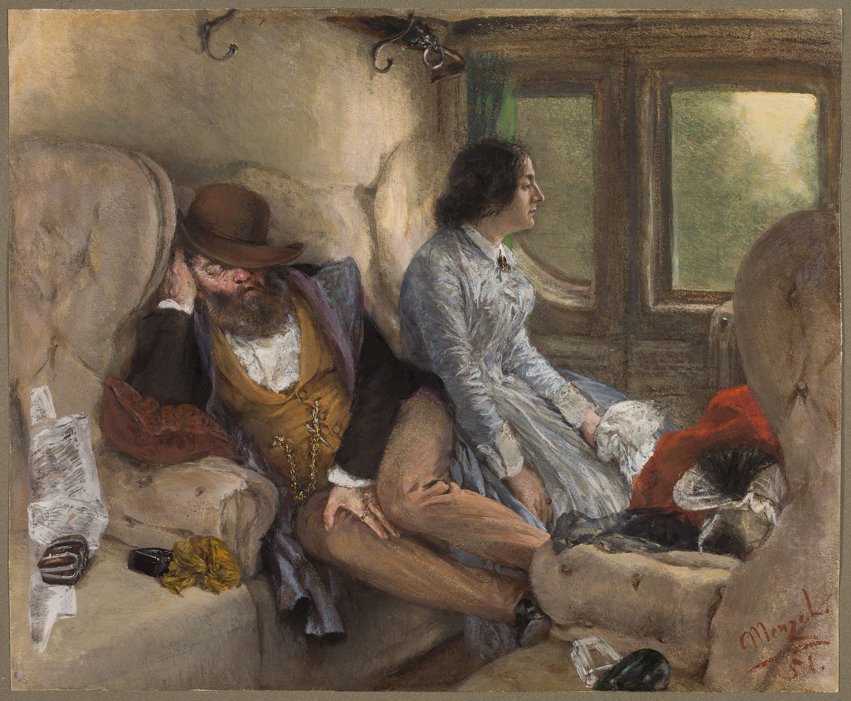 In a Railway Carriage (After a Night's Journey) by Adolph Friedrich Erdmann von Menzel, 1851 — fine art print