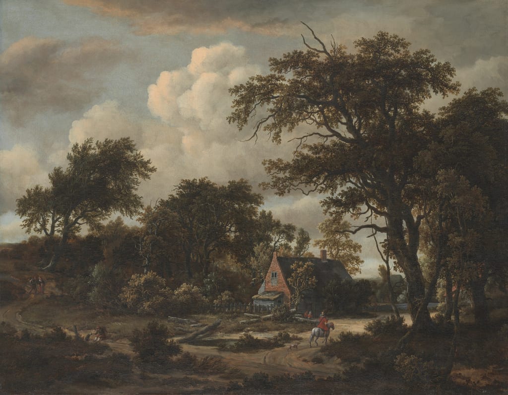 Wooded Landscape with Cottage and Horseman by Meindert Hobbema, 1663 — fine art print