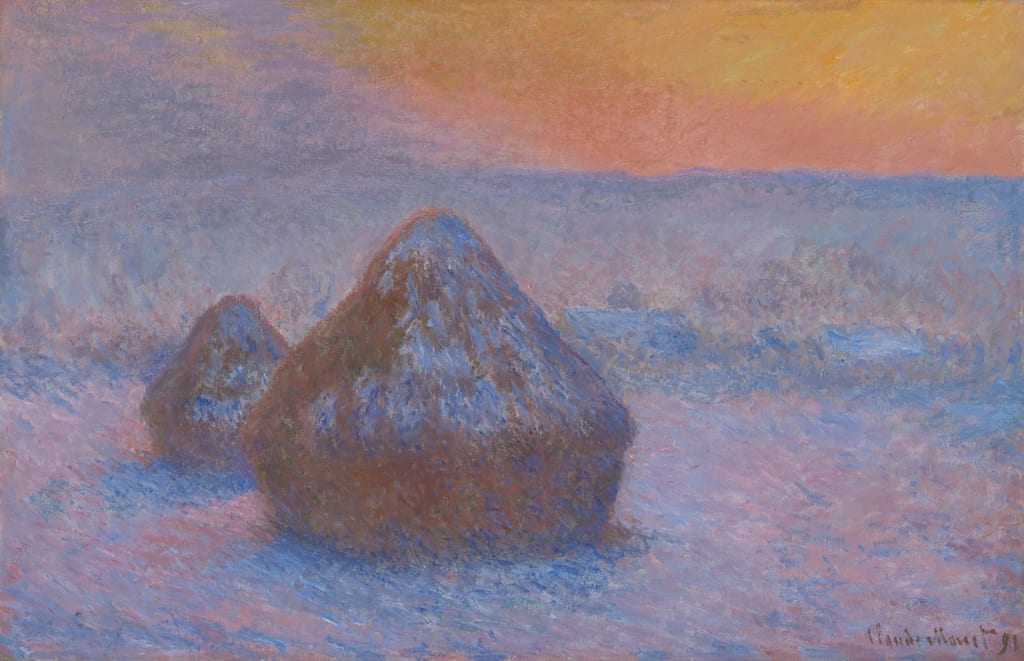Stacks of Wheat (Sunset, Snow Effect) by Claude Monet, 1890–91 — fine art print
