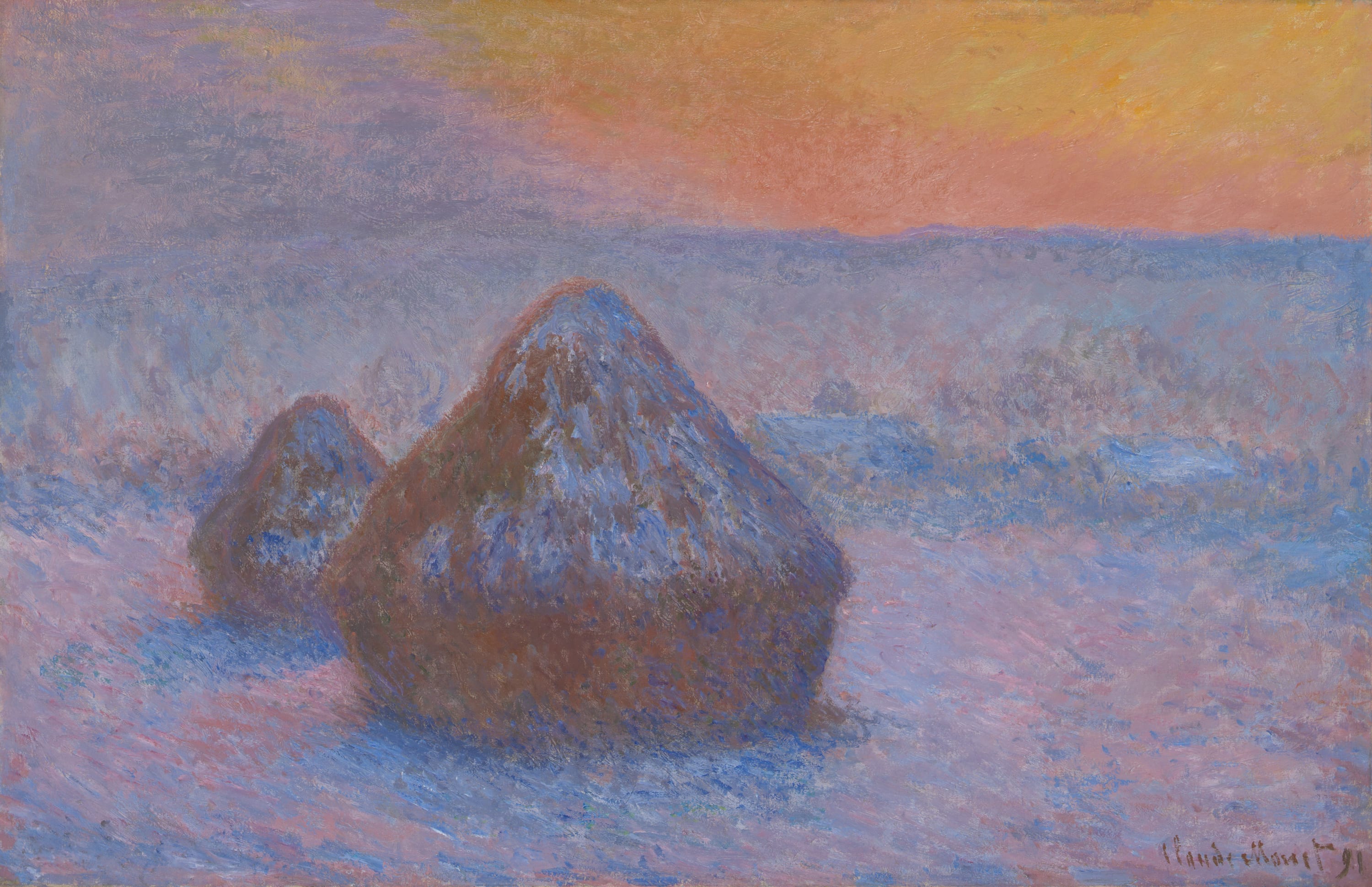 Stacks of Wheat (Sunset, Snow Effect) by Claude Monet, 1890–91 — fine art print