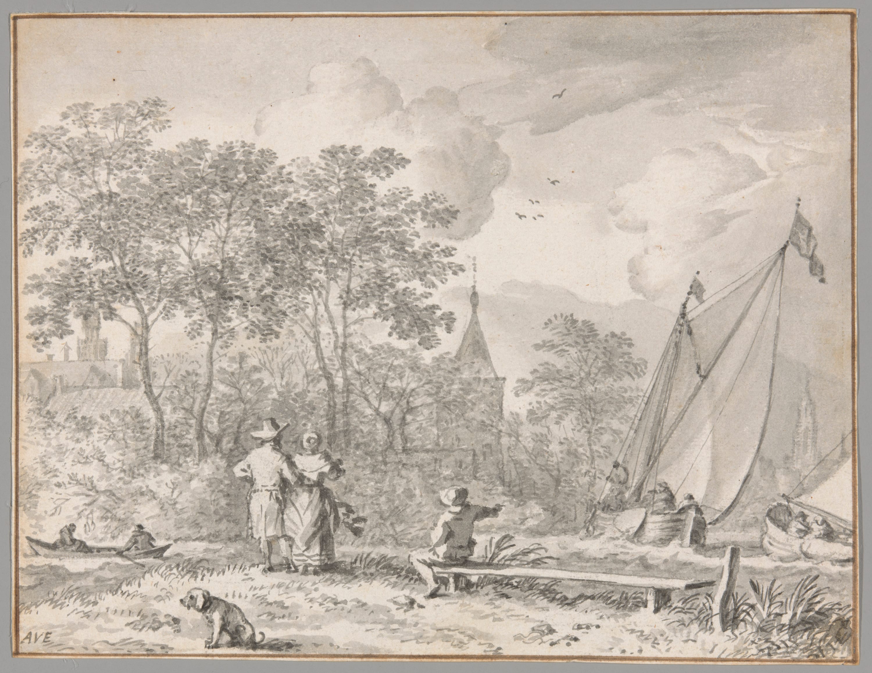 Landscape with Elegant Figures by a River, with Boats to the Right and a Town Behind Trees Beyond by Allaert van Everdingen, n.d. — fine art print