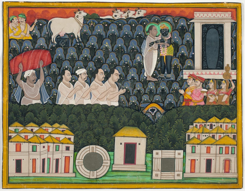 Pratham Milan, Shrinathji revealing himself to Vallabhacharya on Mount Govardhan by India
Rajasthan, Nathdwara, Early 19th century — fine art print