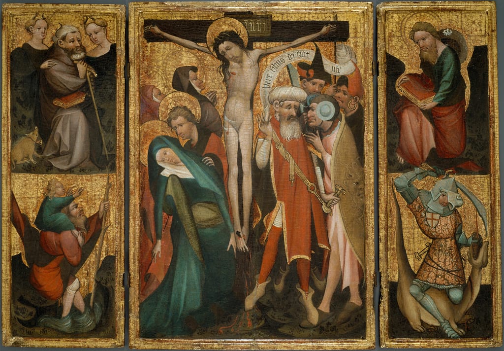 Triptych of the Crucifixion with Saints Anthony, Christopher, James and George by Netherlandish, c. 1400 — fine art print