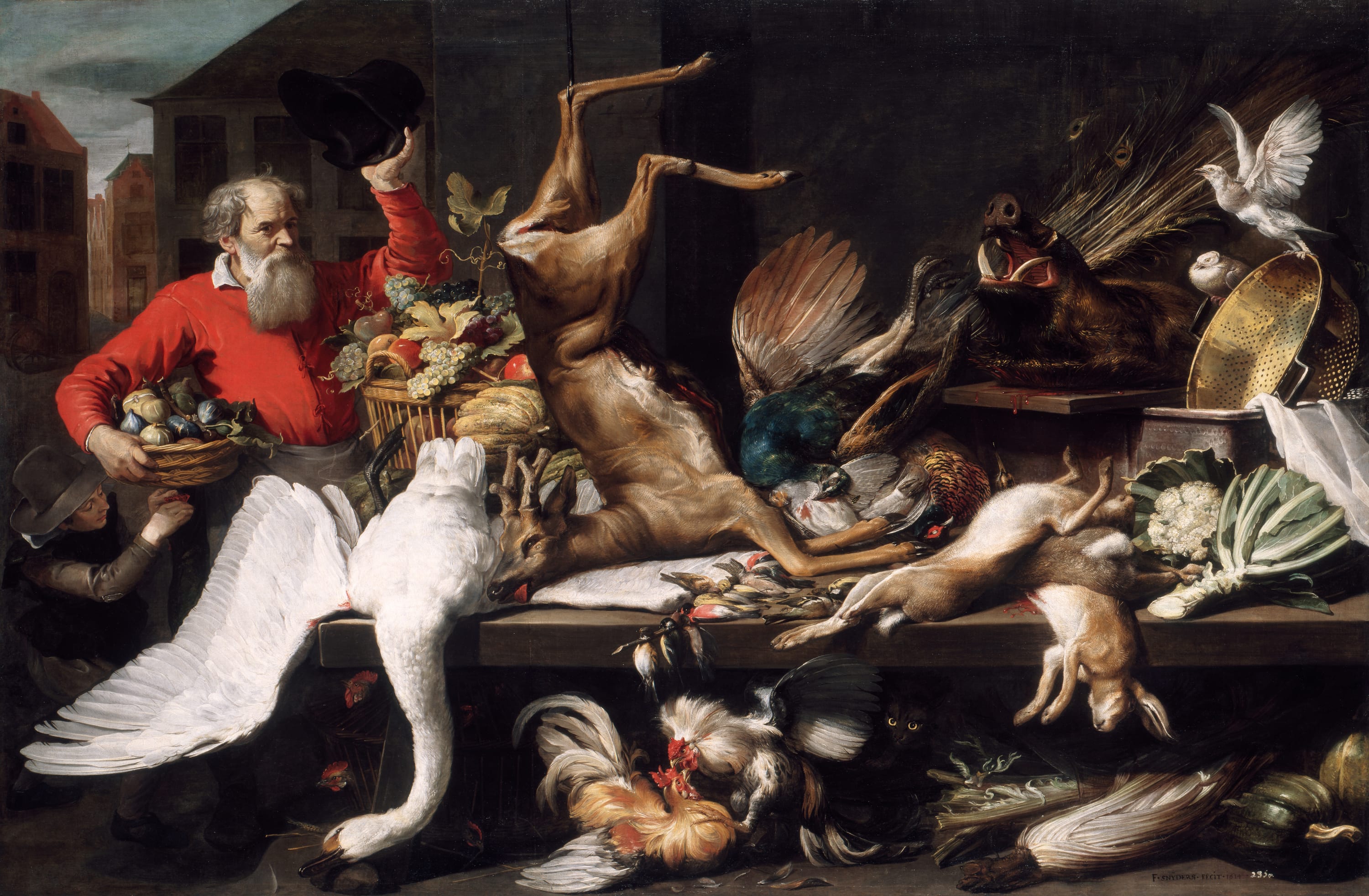 Still Life with Dead Game, Fruits, and Vegetables in a Market by Frans Snyders, 1614 — fine art print