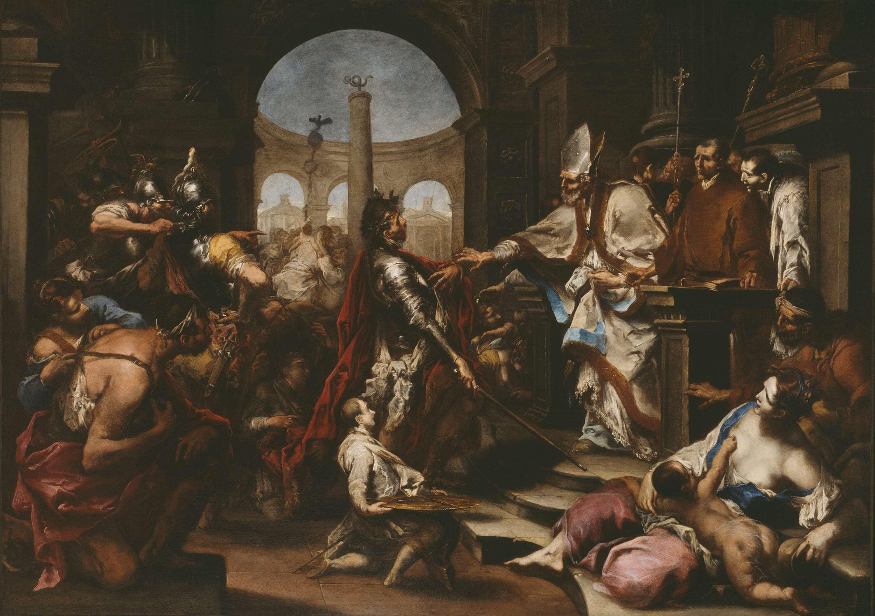 Theodosius Repulsed from the Church by Saint Ambrose by Alessandro Magnasco, c. 1705 — fine art print