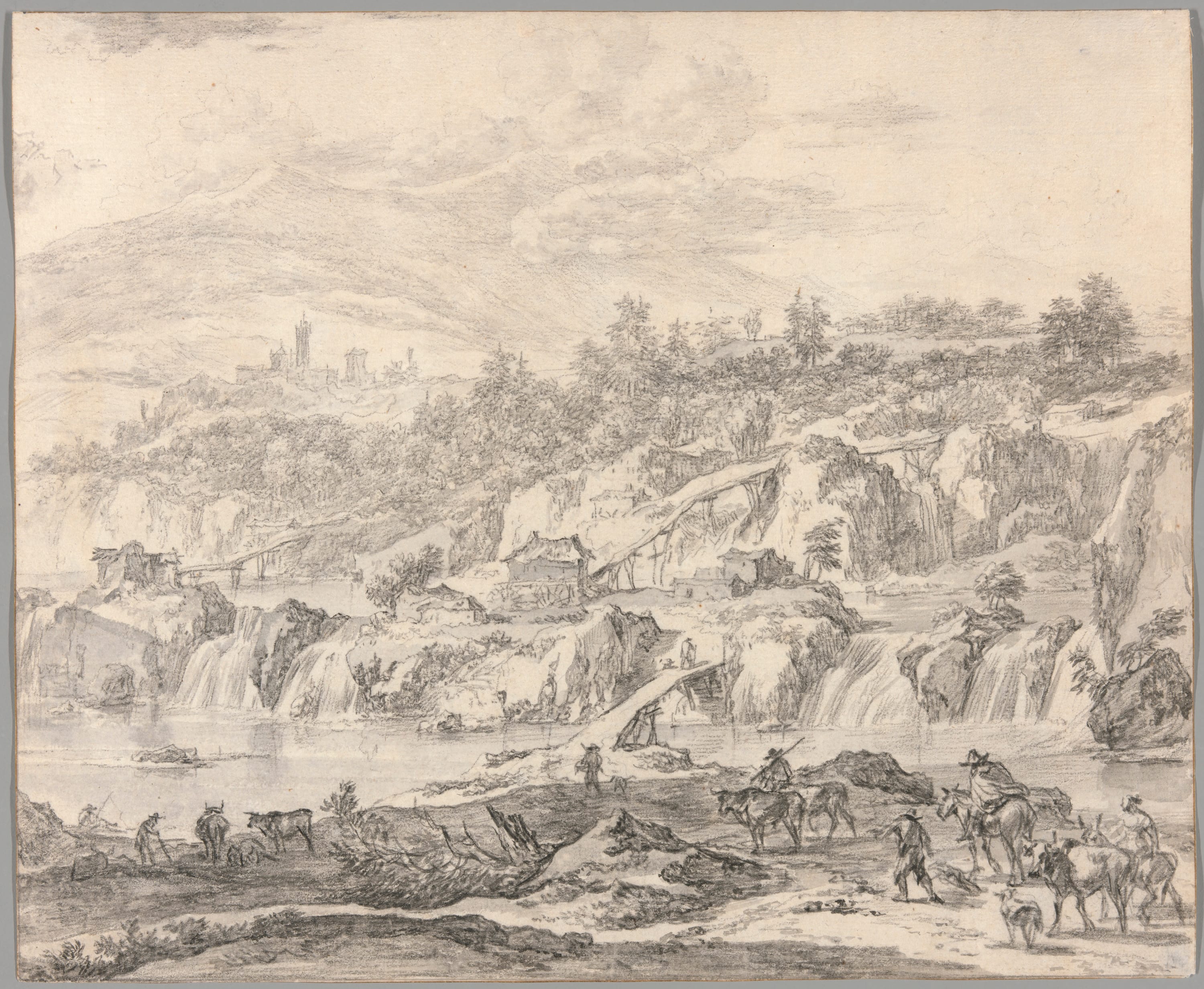 Landscape with Waterfalls and Bridges, Peasants in the Foreground by Nicolaes Berchem, c. 1670 — fine art print