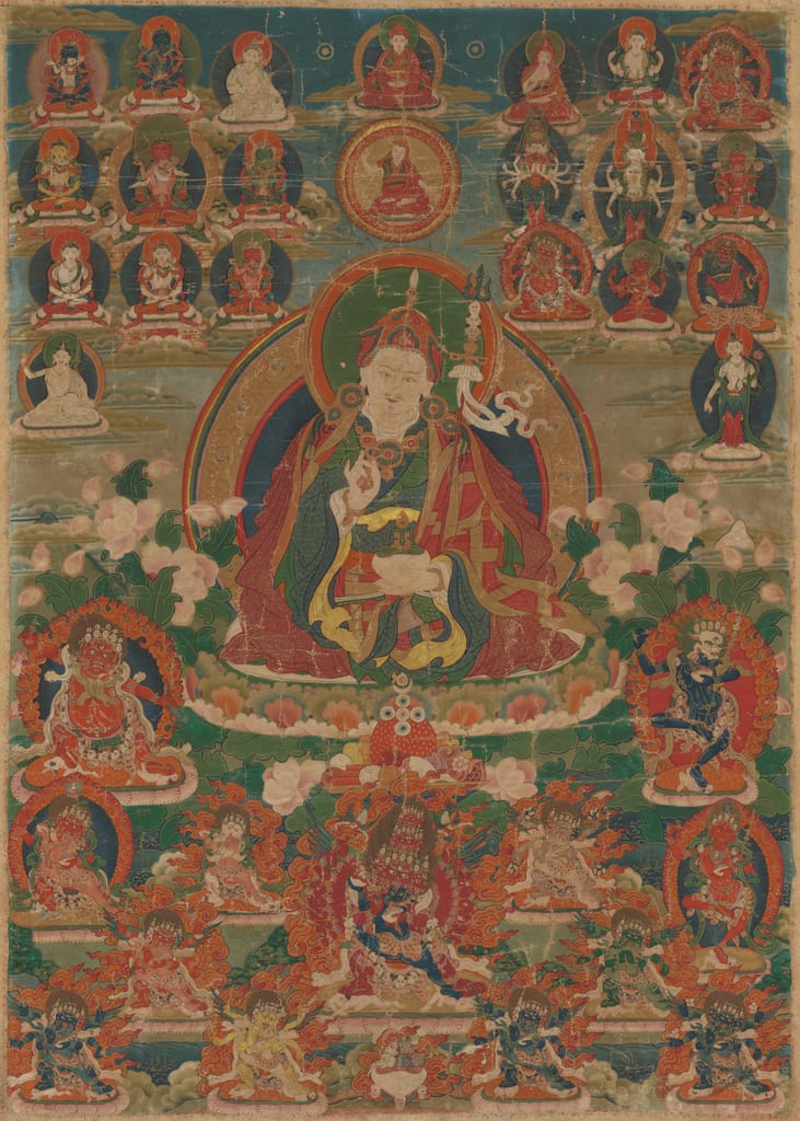 Painted Banner (Thangka) of Sage Guru Padmasambhava Seated Holding a Thunderbolt (Vajra) and Skull Cup (Kapala) by Tibet, 18th century — fine art print