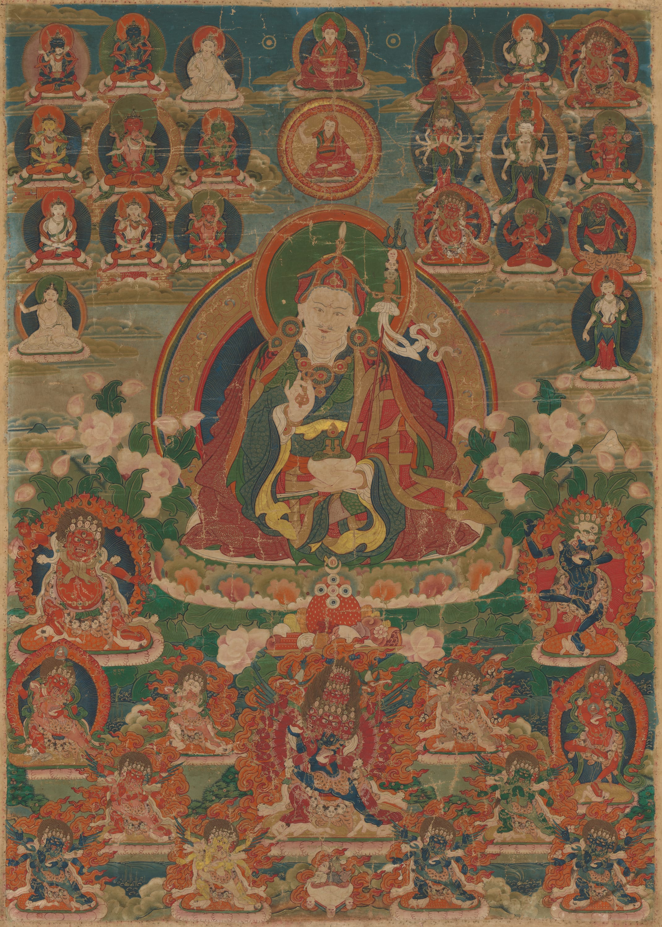 Painted Banner (Thangka) of Sage Guru Padmasambhava Seated Holding a Thunderbolt (Vajra) and Skull Cup (Kapala) by Tibet, 18th century — fine art print