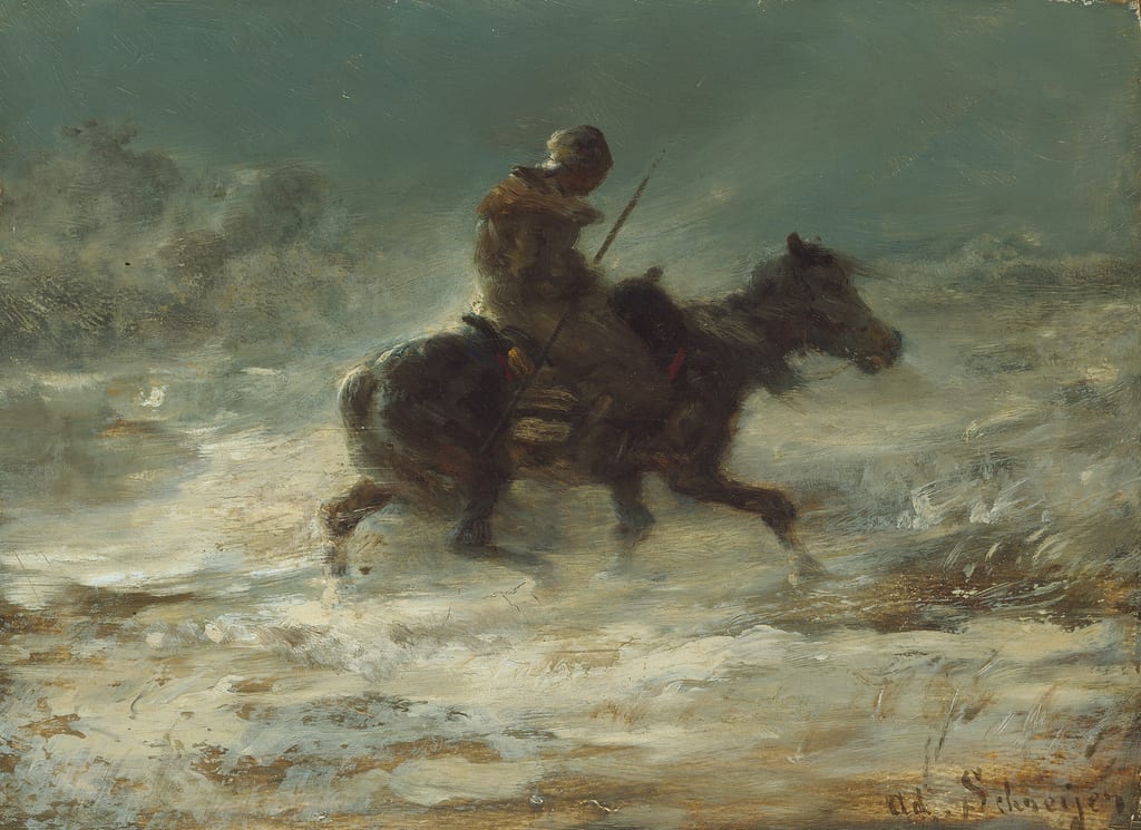 Man with Lance Riding through the Snow by Adolphe Schreyer, c. 1880 — fine art print