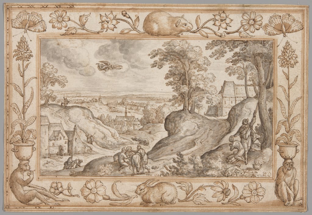 Landscape with the Sacrifice of Isaac within a Decorative Border of Plants and Animals by Hans Bol, 1584 — fine art print