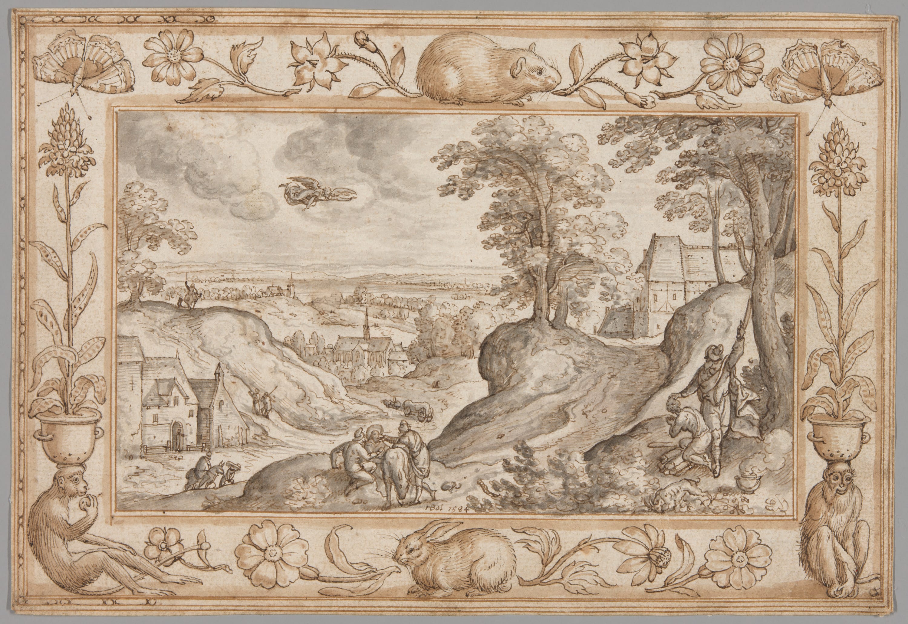 Landscape with the Sacrifice of Isaac within a Decorative Border of Plants and Animals by Hans Bol, 1584 — fine art print
